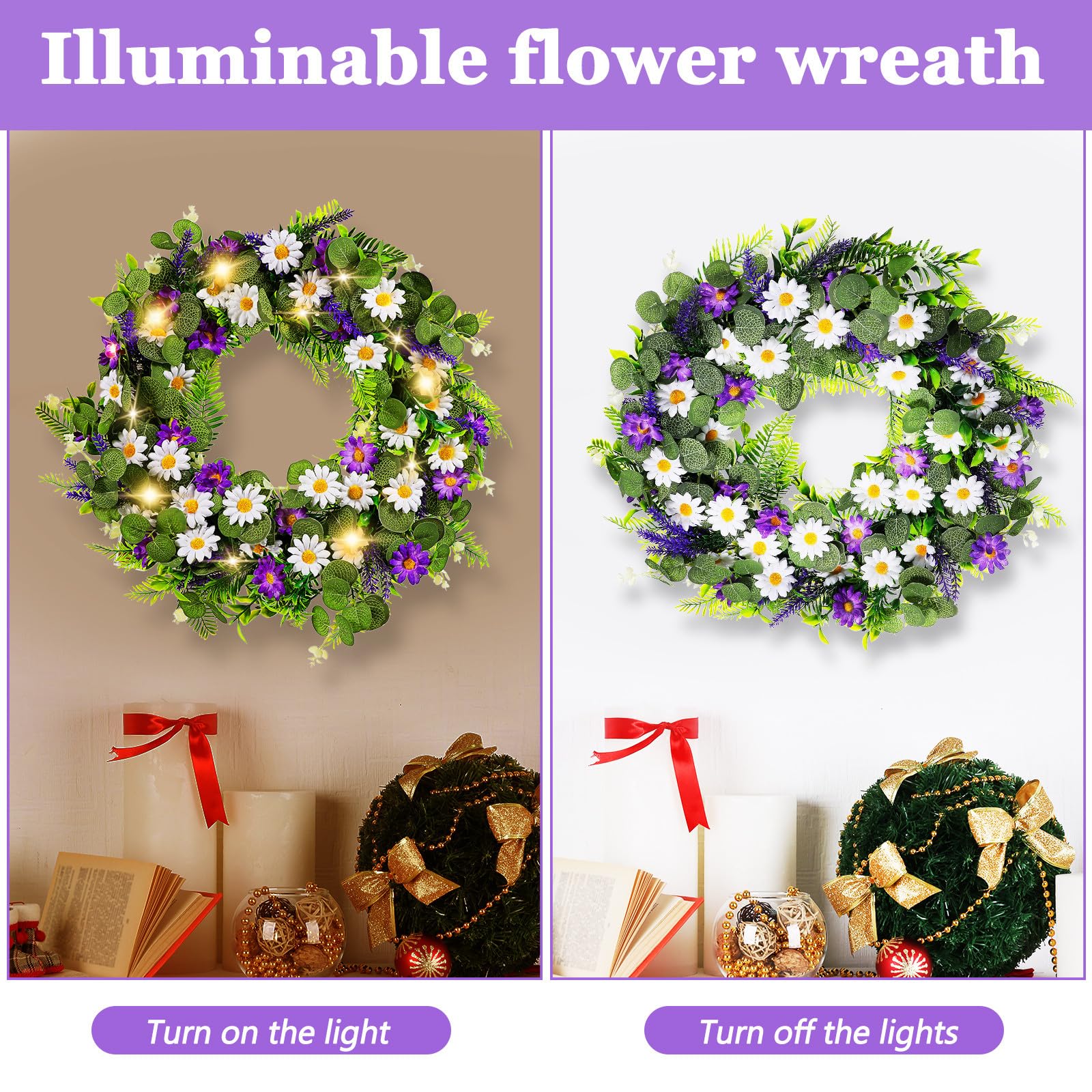 Künstlicher Lavendel Türkranz mit LED für Frühling und Sommer | Kunststoff mit Realistischer Haptik, für Partys und Hochzeiten, Zarte Form mit Natürlichem Charme