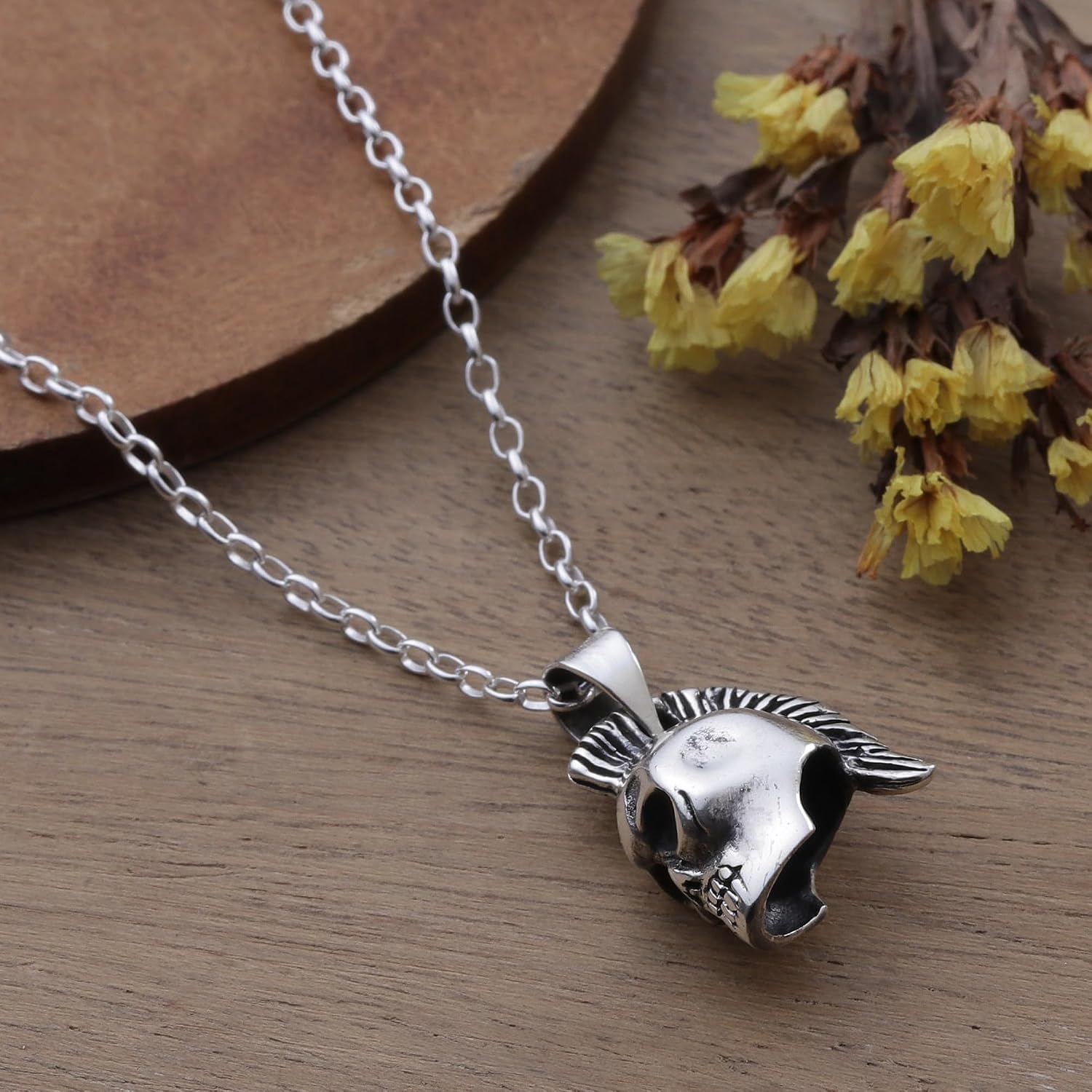NOVICA No Stone .925 Sterling Silver Men's Pendant Necklace 'Mohawk Skull'