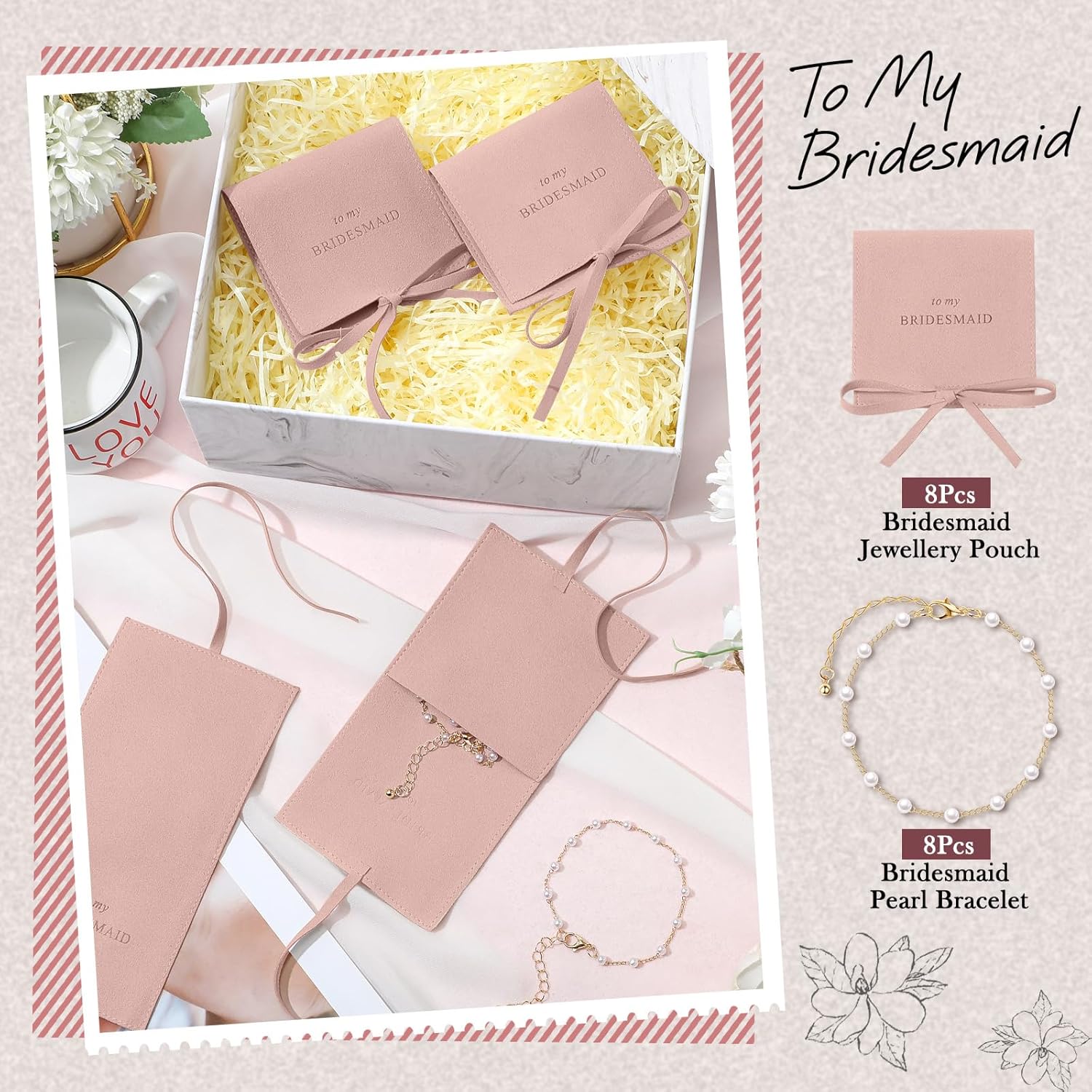 Quelay 16 Pcs Jewelry Bridesmaid Gift Pearl Bracelet Microfiber Jewelry Bag Pouch Set of 8 for Wedding Bridal Party Favor