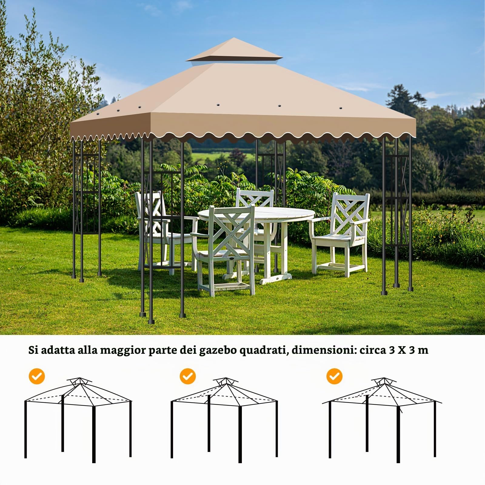 Telo Gazebo 3x3 m, 2 Livelli Tetto di Ricambio per Copertura con Airvent e 12 Fori di Drenaggio, Impermeabile e Anti-UV 300D Copertura Gazebo Rimovibileer Giardino, Terrazza, Campeggio e Spiaggia