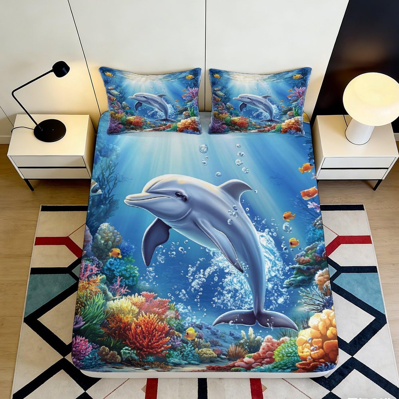3D Printed Dolphin Ocean Fitted Sheet Microfiber Soft Breathable Underwater Mattress Cover for Bedroom Dormitory Guest Room Mattress Protection Decor 140x200x25cm