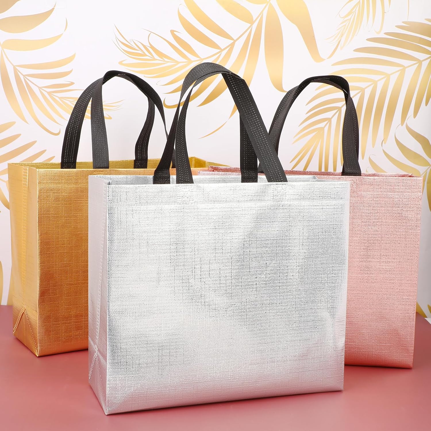 PHOGARY 15Pcs Iridescent Glossy Gift Bags with Handles & Sturdy Base, 12.6x4.7x11 In Reusable Christmas Gift Bags, Non-woven Goodie Bag Bulk for Birthday, Wedding, Holiday Party- 3 Colors - Image 6