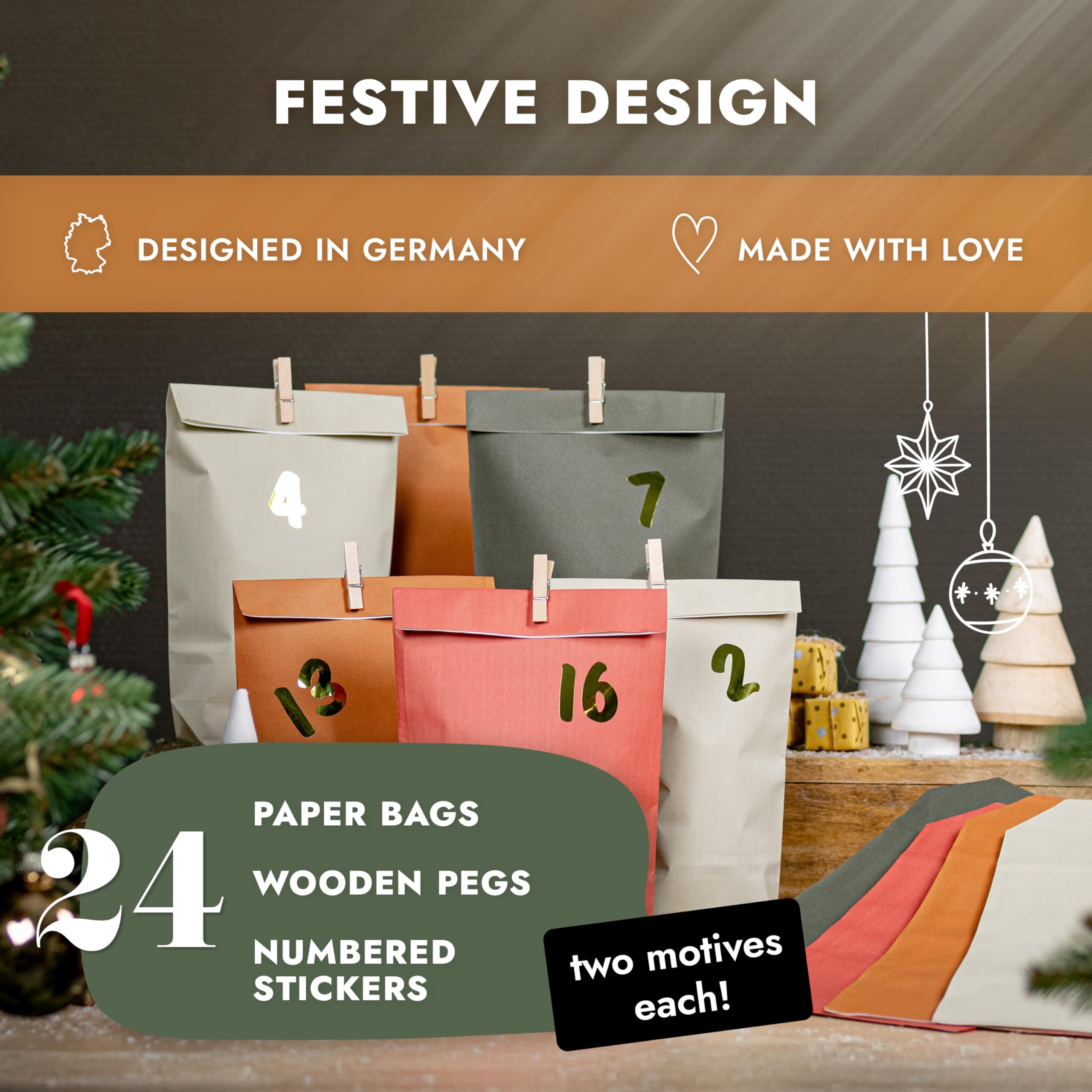 AMARI Advent Calendar for Filling, 24 Paper Advent Bags (with Wooden Clips) for Crafts for Christmas - Image 2
