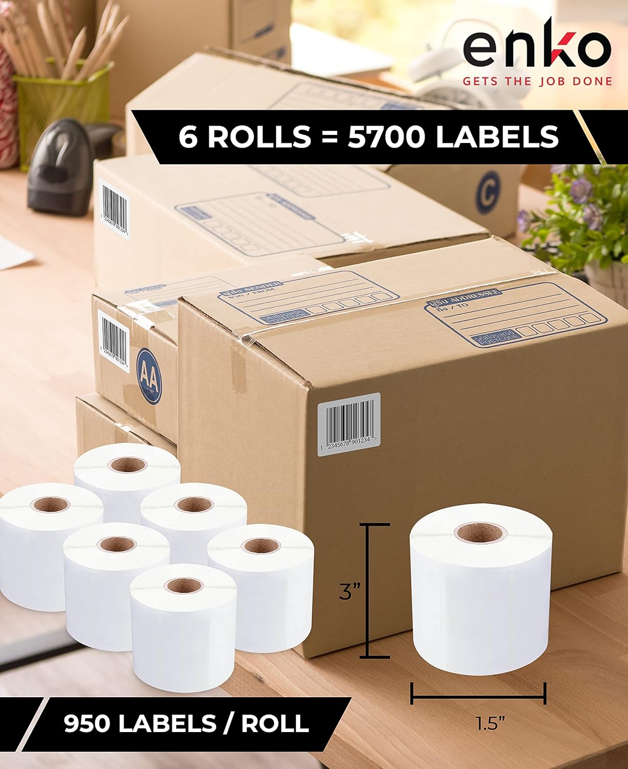 enKo - Direct Thermal Labels Compatible for Zebra/Rollo 3 x 1-1/2 Label (3" x 1.5") 1 in Core - (6 Roll, 5700 Labels)