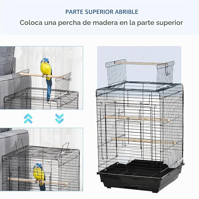 Foto 8 de 8 de PawHut Jaula para Pájaros con Techo Abatible para Aves 40x40x59 cm Negro