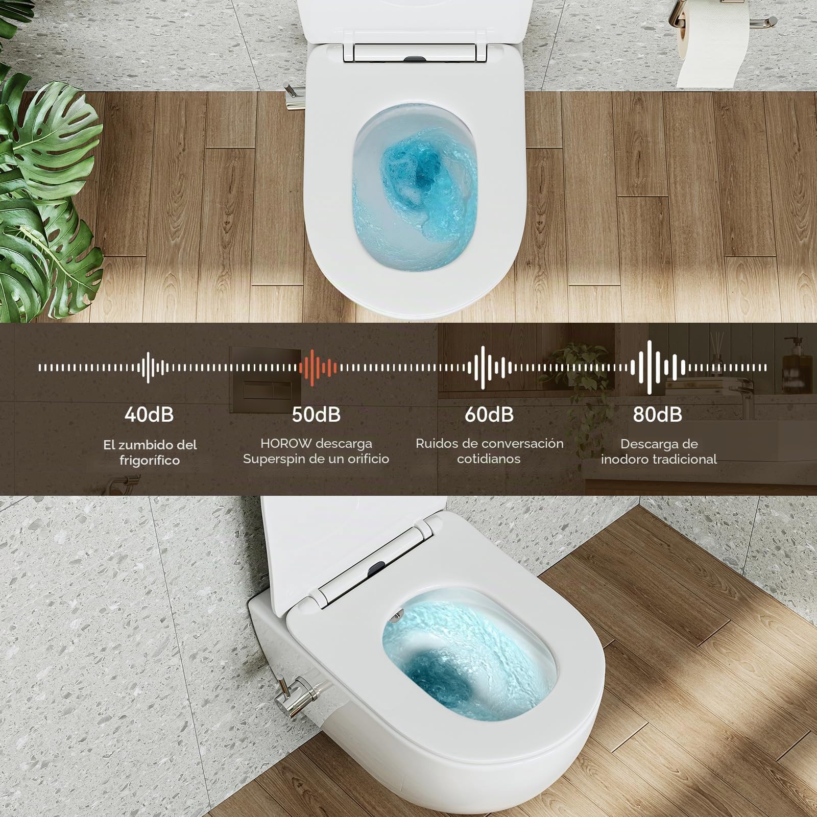 HOROW Inodoro con boquilla integrada, inodoro suspendido con función de bidé, Taharet WC con nanorrevestimiento, inodoro con grifo, asiento de inodoro con descenso automático, agua fría, 53 x 36 x 35