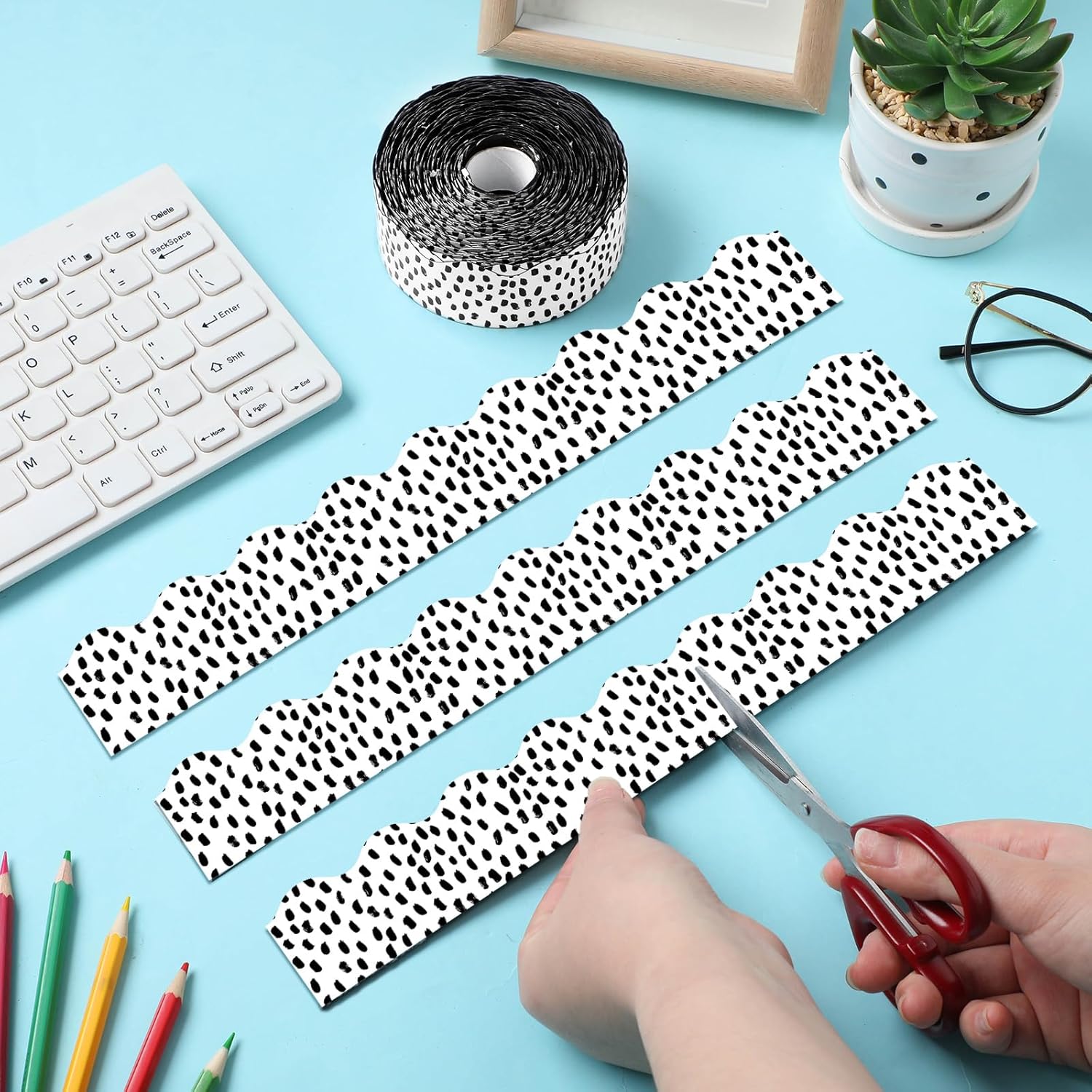 Fuutreo 68.9 ft Magnetic Bulletin Board Border Magnetic Whiteboard Strips Rolls for Classroom Chalkboard Trim School Office Chalkboard Decoration(Wavy Black Dot)