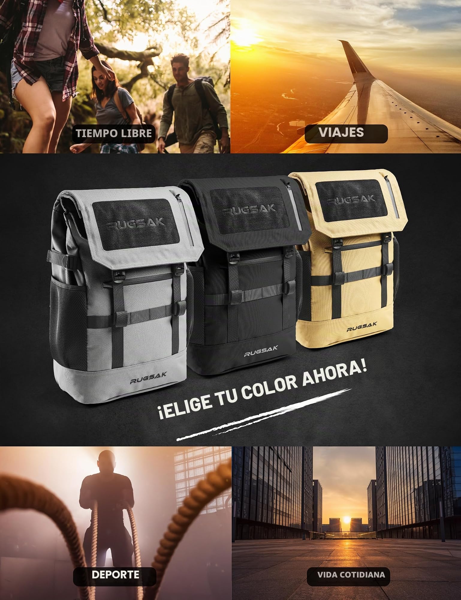 RUGSAK® Original Mochila enrollable de 30 l, tecnología de 3 tamaños, con compartimento Lapotpfach de 18 pulgadas, resistente al agua, para trabajo, escuela, viajes y deportes, para hombre y mujer –