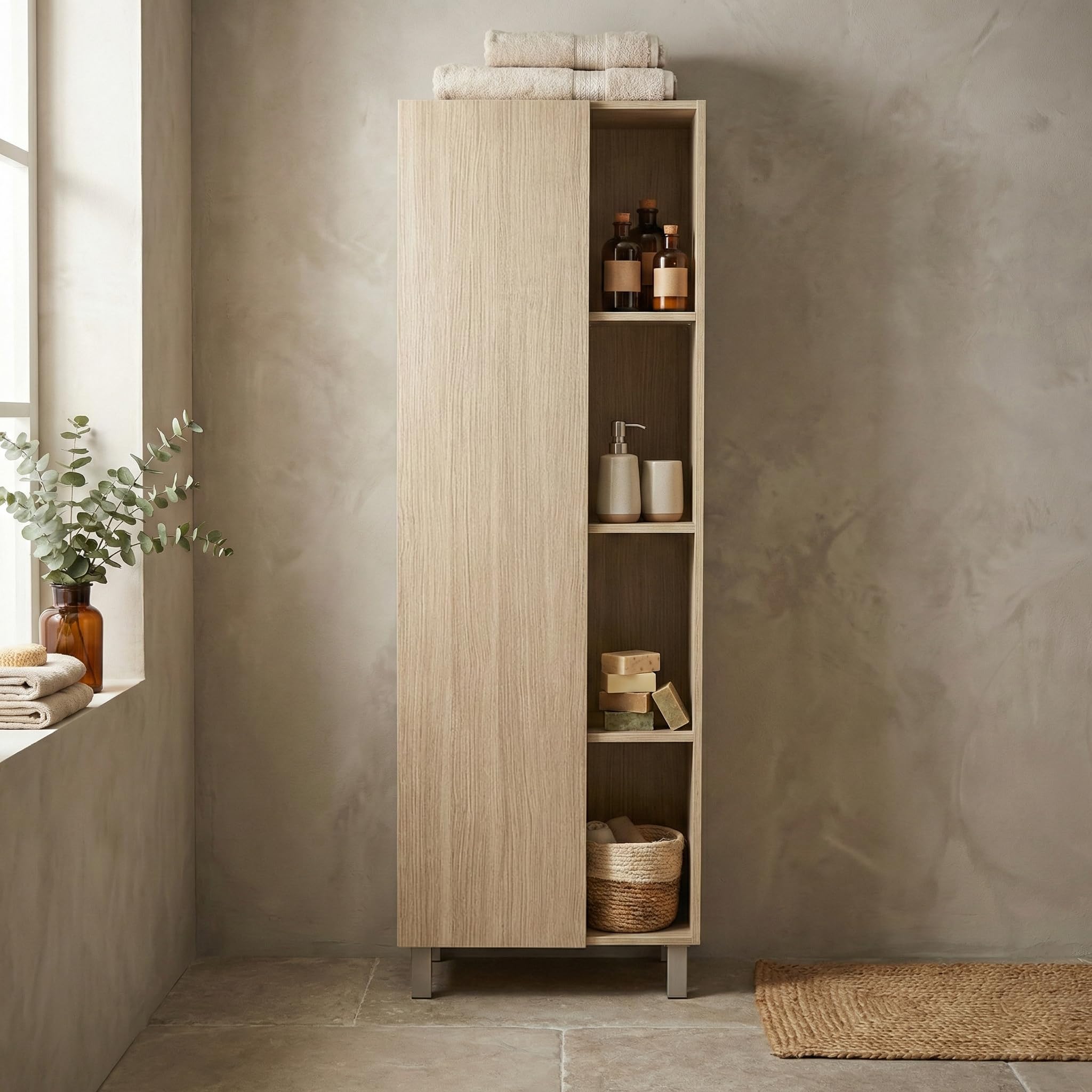 Brigros WeHome - Mobile Colonna 50x140x24 cm, 1 Anta e 4 Vani in Legno, Mobiletto da Assemblare- Bagno