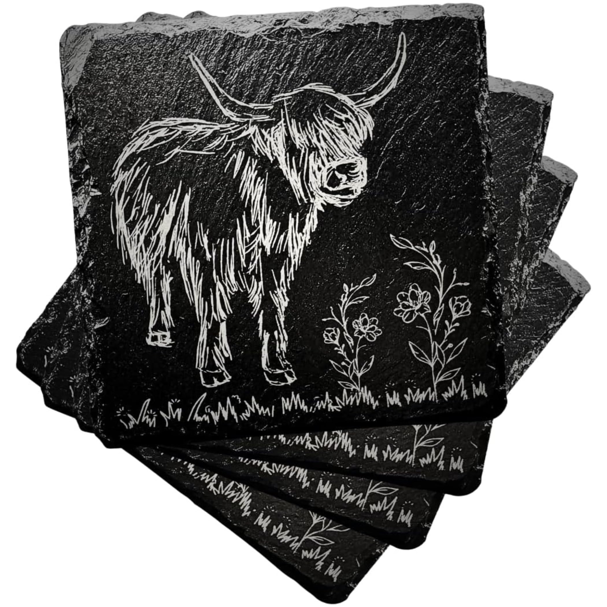 Highland Cows Square Natural Slate Coasters, Set of 4, Stylish Tableware