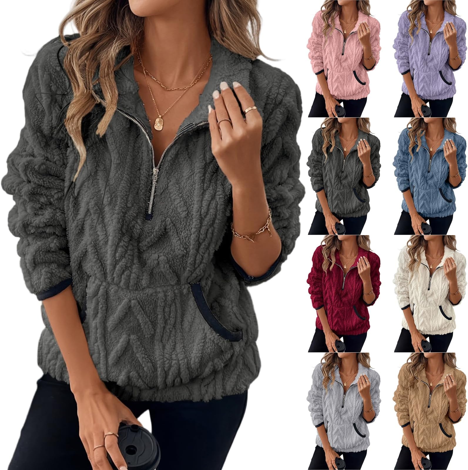 Quarter Zip Pullover Women Cable Fuzzy Fleece Pullover Sherpa Fall Warm Oversized 3/4 Zip Sweatshirt with Pocket
