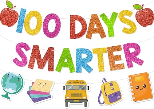 100 Days Smarter Banner - No DIY Glitter 100th Day of School Decorations 100 Days of Kindergarten Preschool Class Party Supplies