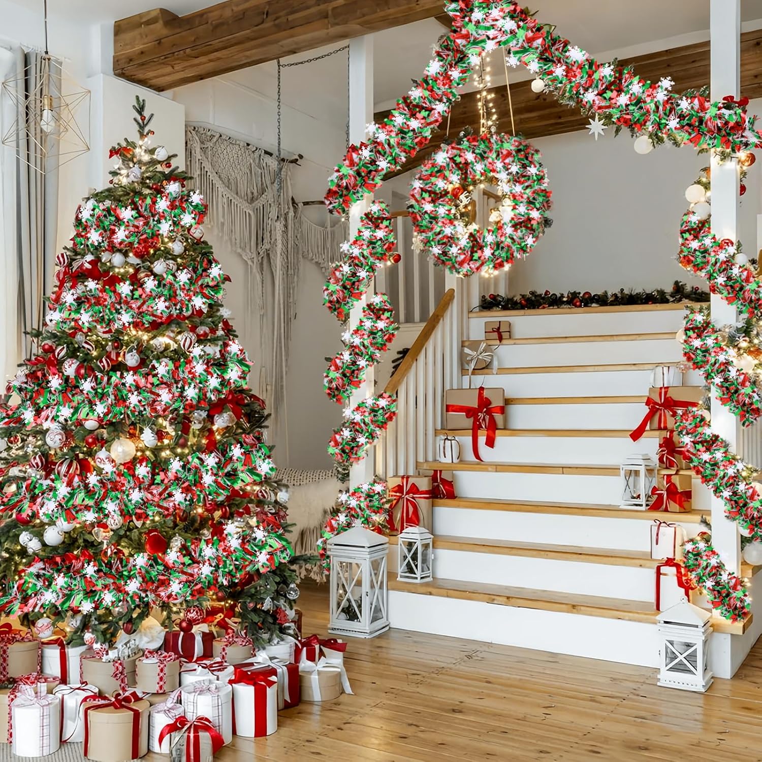 Green and Red Christmas Metallic Tinsel Twist Garland 49 Feet Glitter Christmas Tree Hanging Wreath Decor Xmas Tinsel Garland for Home Mantle Stair Railing New Year Indoor Outdoor Decorations - Image 3