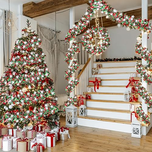 Miniatura 3 de Guirnalda metálica de oropel de Navidad verde y roja de 49 pies con purpurina para árbol de Navidad, guirnalda de oropel para decoración del hogar,
