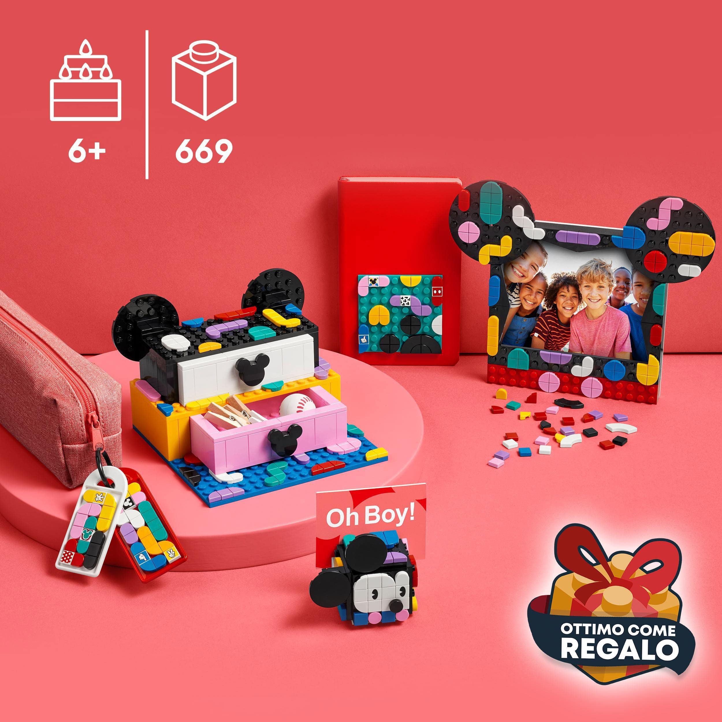 LEGO DOTS Disney Il KIT Back to School di Topolino e Minnie, Set Giocattoli 6 in 1, Cassettiera Portagioie, Portafoto, Bacheca e Patch Adesiva, Idee Regalo 41964