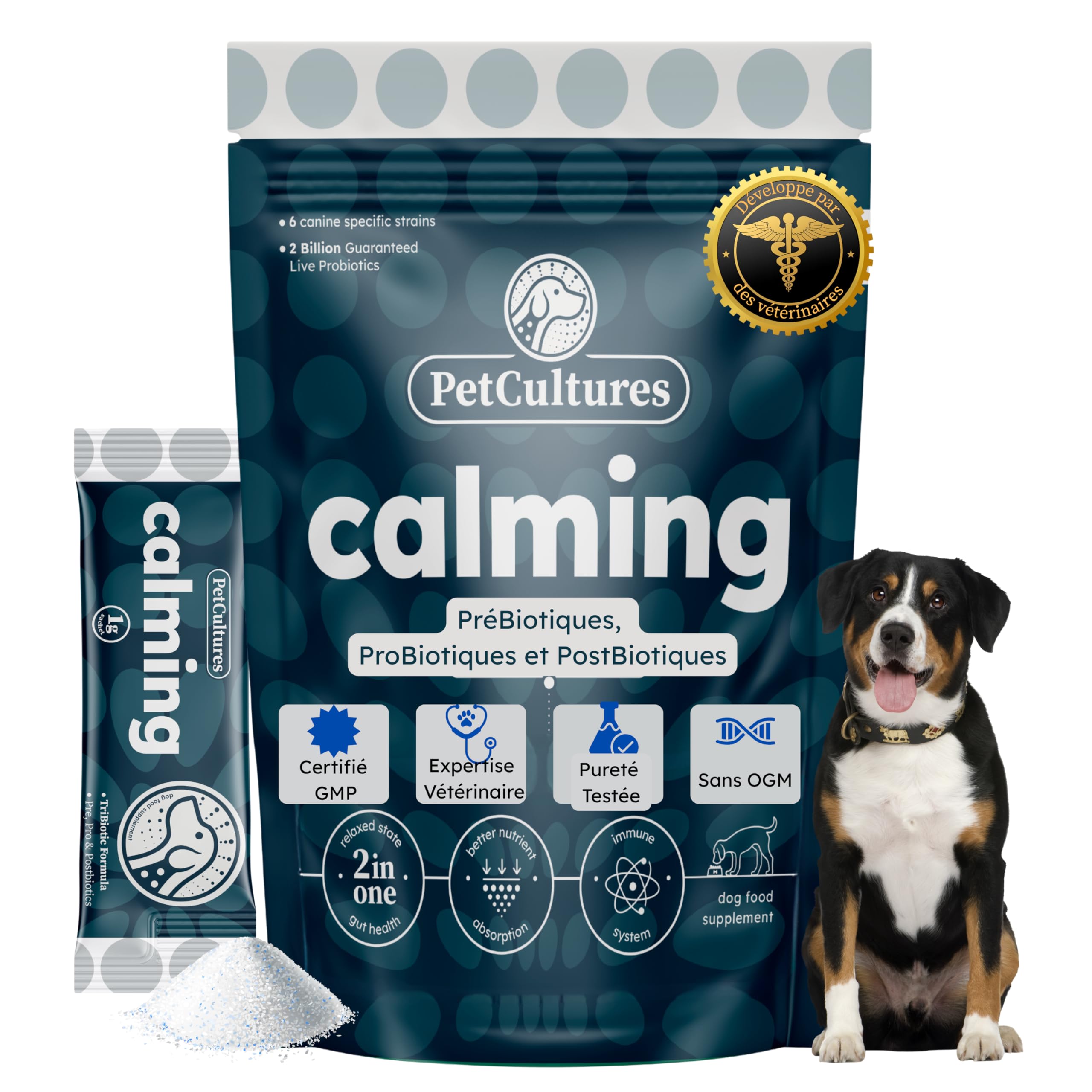 PetCultures Supplément Calmant Tribiotique – L-Tryptophane & L-Théanine, Probiotiques, Prébiotiques et Postbiotiques (30)