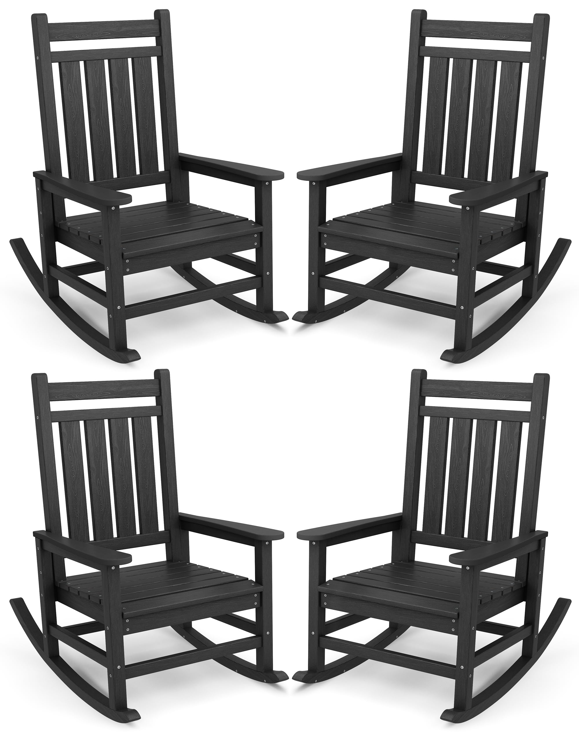 SERWALL Outdoor Rocking Chair Set of 4, HDPE Rocker for Adults, Black