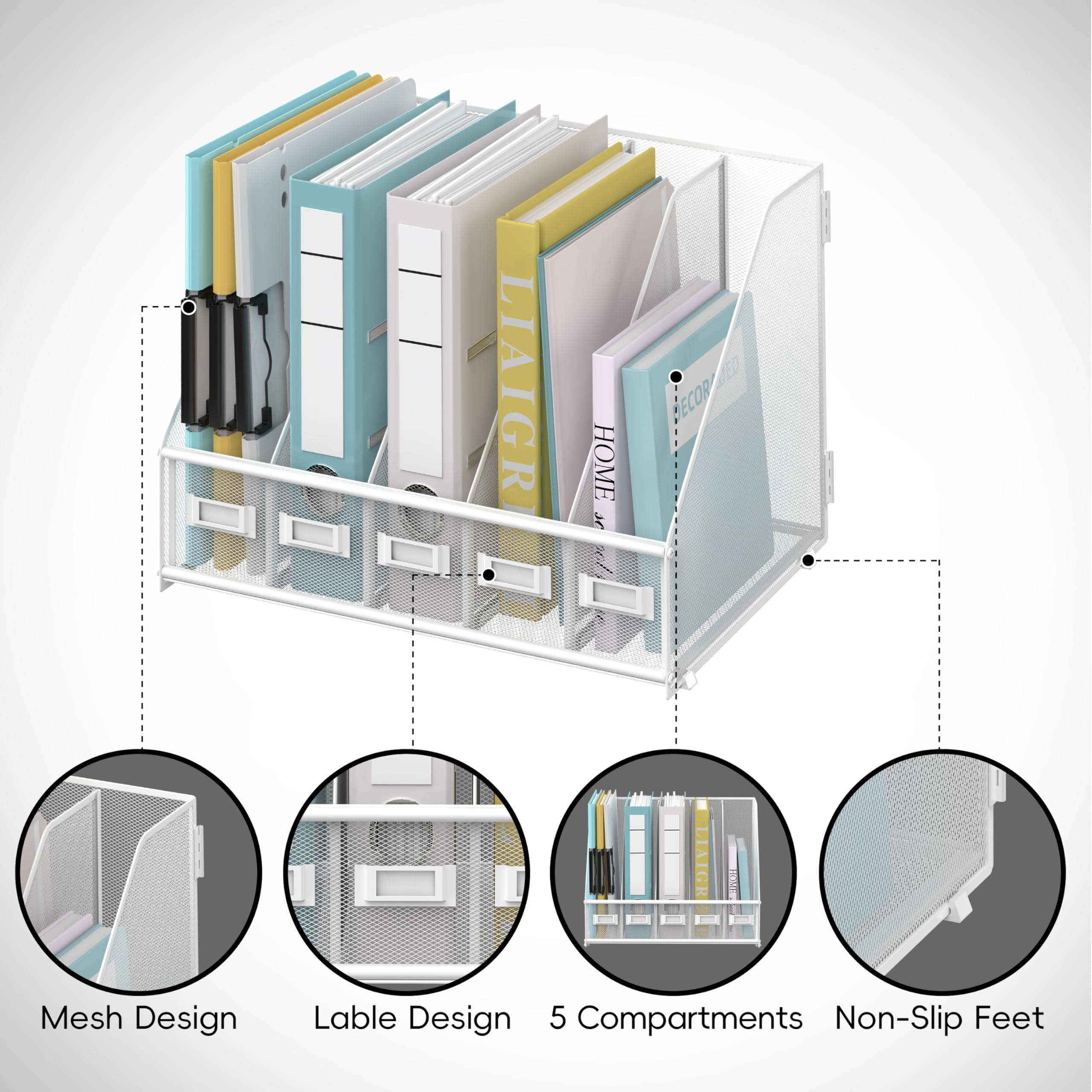 SUPEASY Schreibtisch Organizer Metall Schreibtisch Magazin Aktenhalter mit 5 vertikalen Fächern Rack Datei Organizer für Büro Desktop, Home Workspace, Weiß