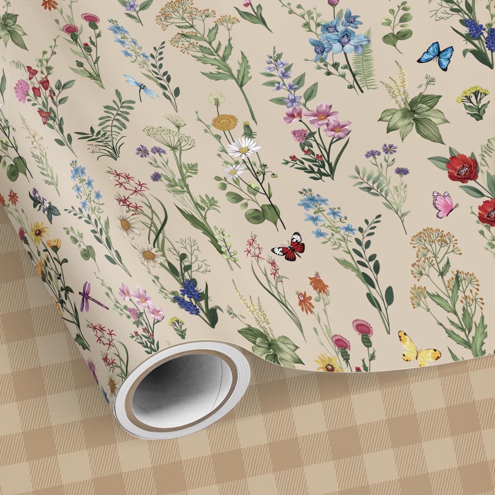 SHUCHING Brown Wildflower Wrapping Paper Roll, Reversible Vintage Brown Plaid Gift Wrap for Summer Women Girls Birthdays, Wedding, Anniversary, Bridal Showers Party, Mother's Day - 43cm X 10m