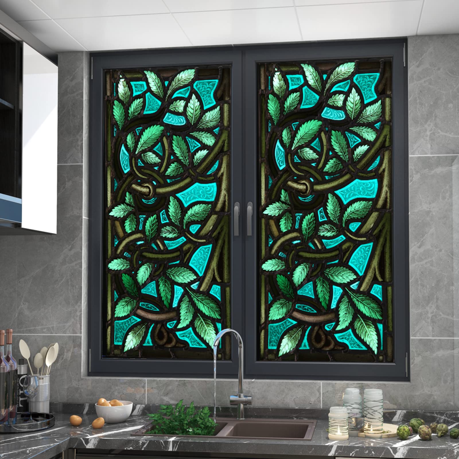 Fensterfolie Blickdicht Sichtschutzfolie, Sichtschutzfolie für Fenster im Vintage-Stil, Pfauenblau – dekorative Selbstklebende Lösung