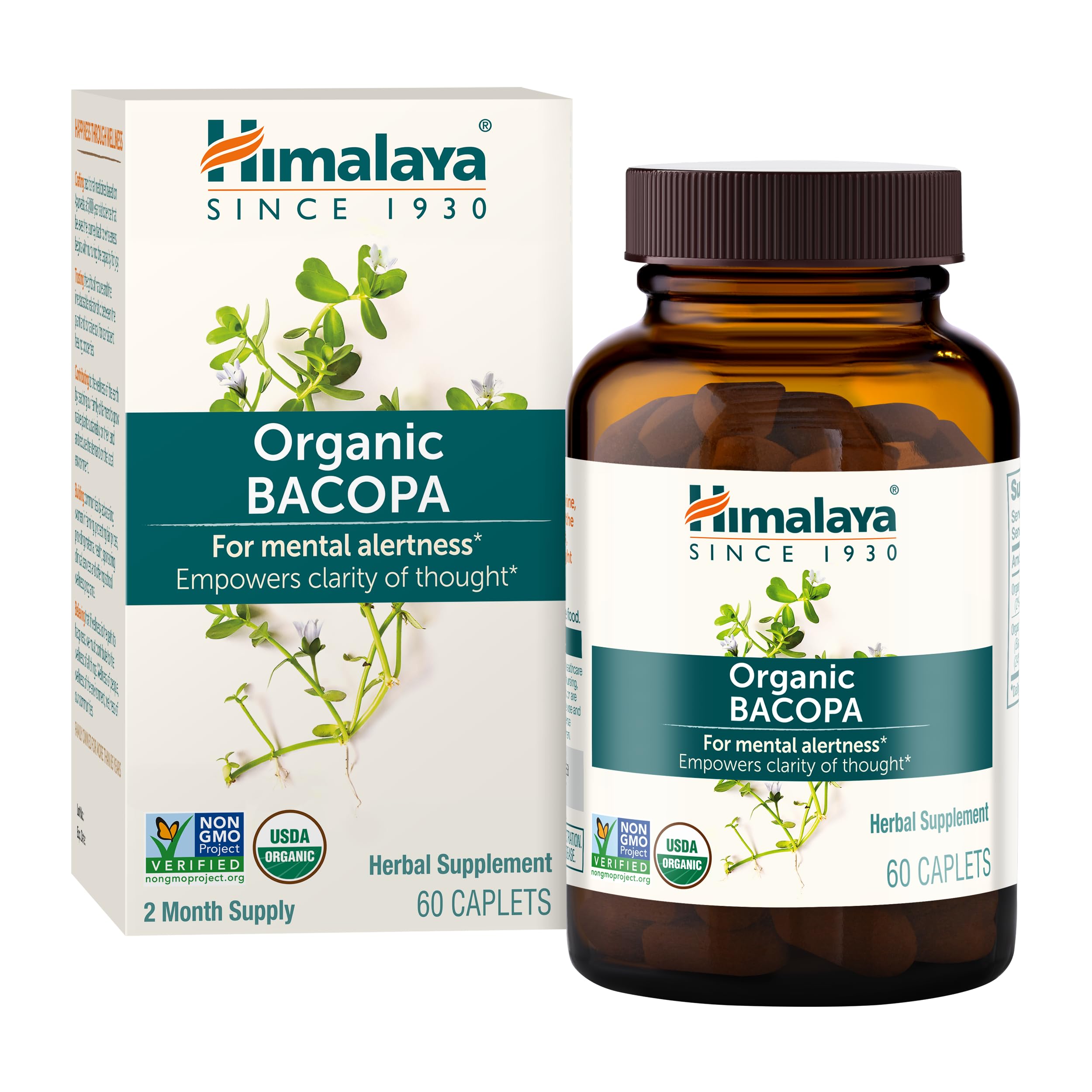 Himalaya Organic Bacopa Monnieri Nootropic Herbal Supplement, Supports Calm, Memory, Cognition, USDA Certified Organic, Non-GMO, 750 mg, 60 Plant-Based Caplets, 60 Day Supply