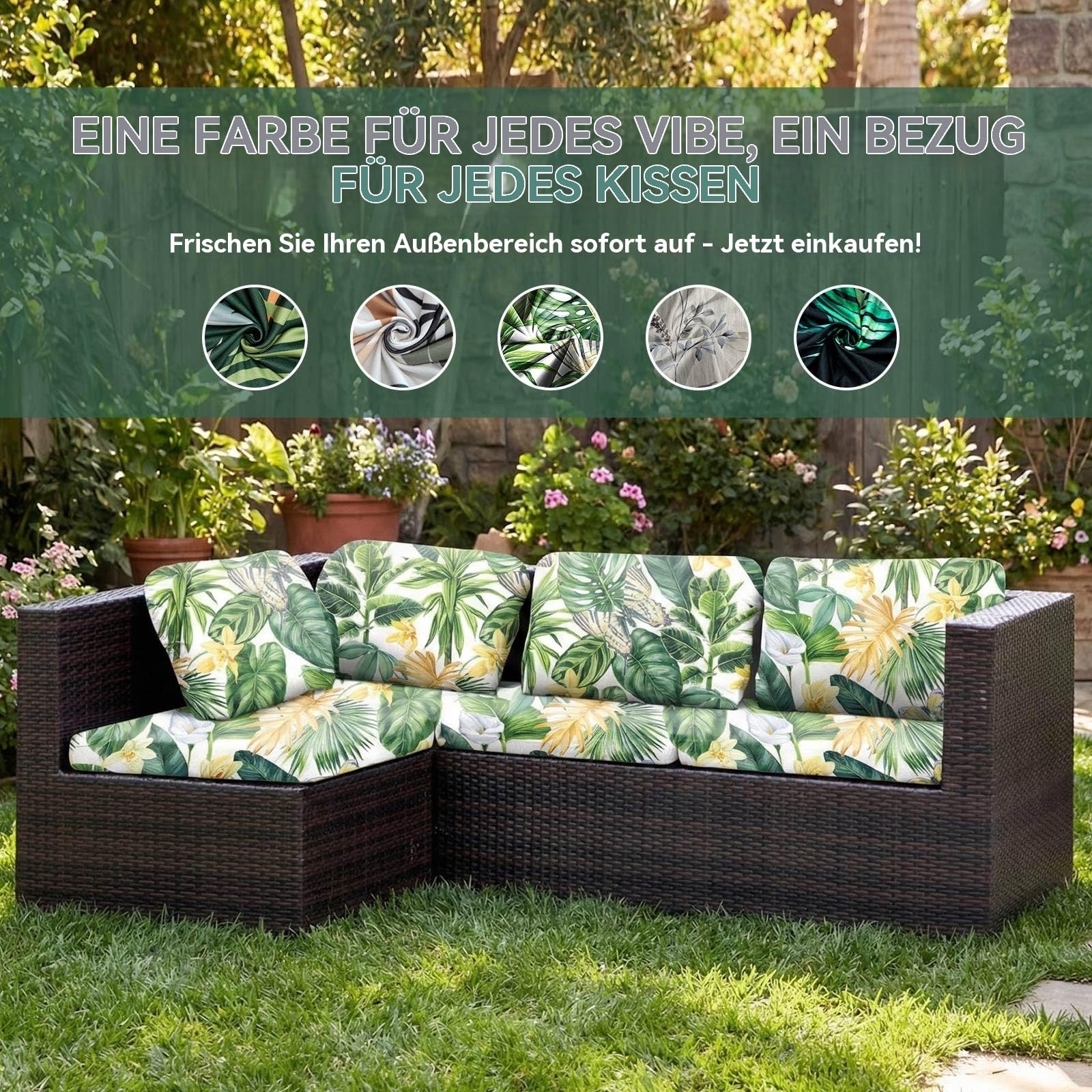 LiveGo Stretch-Sofa-Kissenbezug, Ersatz-Kissenbezug für Terrassenmöbel, Couch-Schonbezüge, Stuhl-Sitzbezug, weicher Flexibilitätsschutz (8, grüne Blätter)