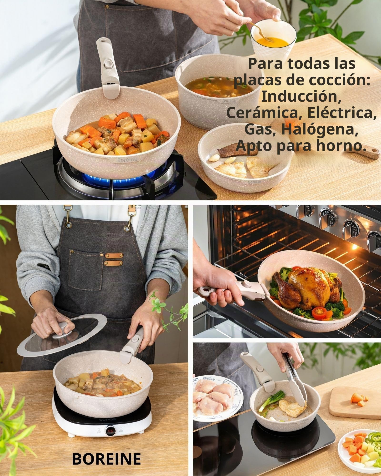 BOREINE Juego de Ollas y Sartenes 14 Piezas, Batería de Cocina Antiadherente, Mango Desmontable, Apta para Inducción, Gas, Vitrocerámica y Horno, No Tóxico Sin PFOA, Marrón