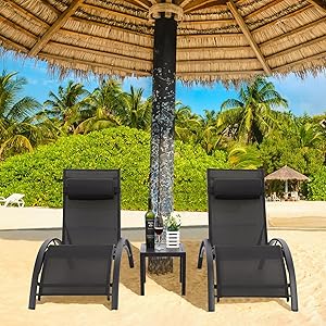 LIFERUN Juego de 2 tumbonas de aluminio XXL, apilables, para jardín, con mesa auxiliar y almohada, resistente a la intemperie, respaldo ajustable en 5 posiciones, adecuado para jardines, piscinas