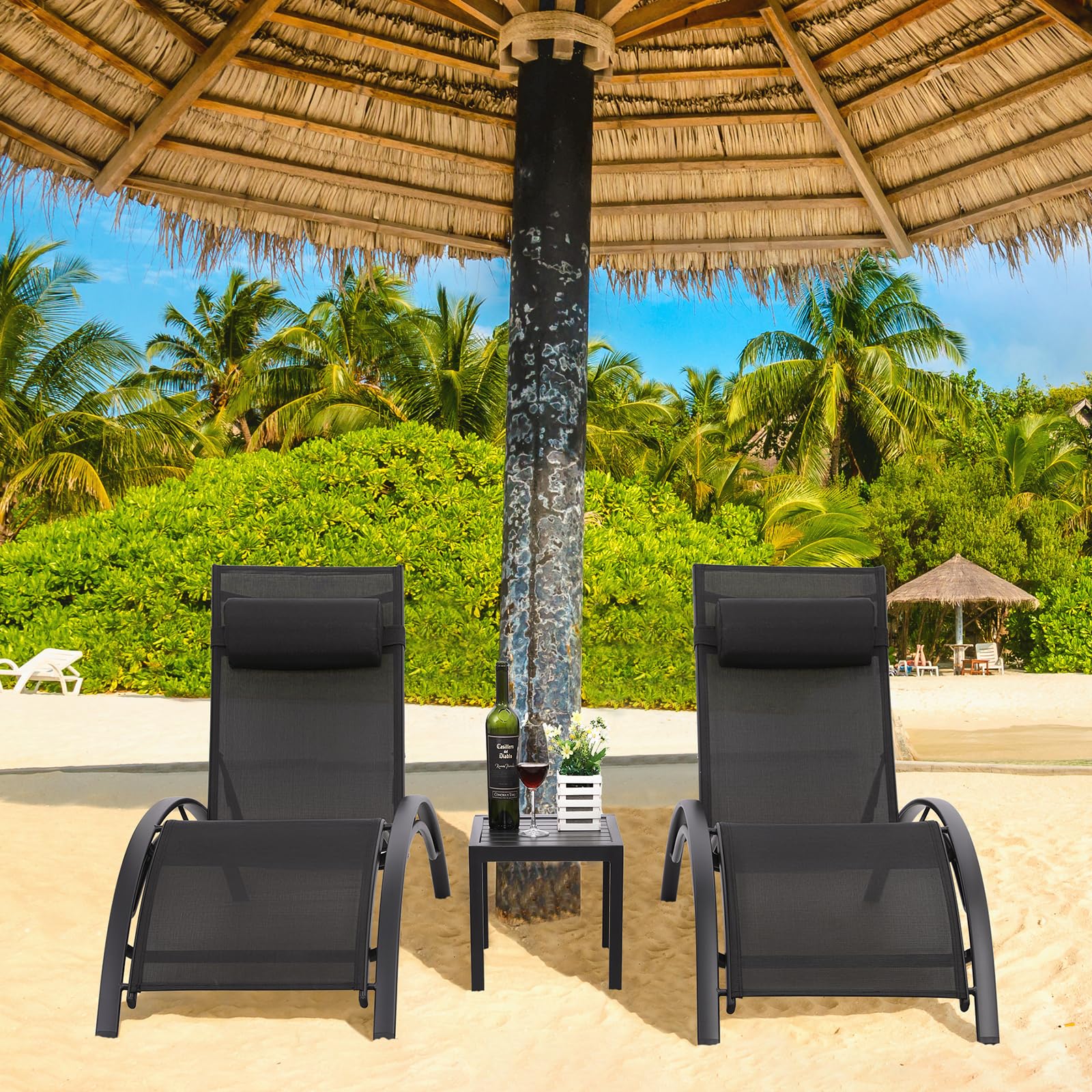 LIFERUN XXL Aluminium Sonnenliege 2er Set, stapelbare liegestuhl Garten mit Beistelltisch und Kopfkissen, Wetterfest, 5-Fach Verstellbare Rückenlehne, Geeignet für Gärten, Schwimmbäder, Strand, 2 PCS