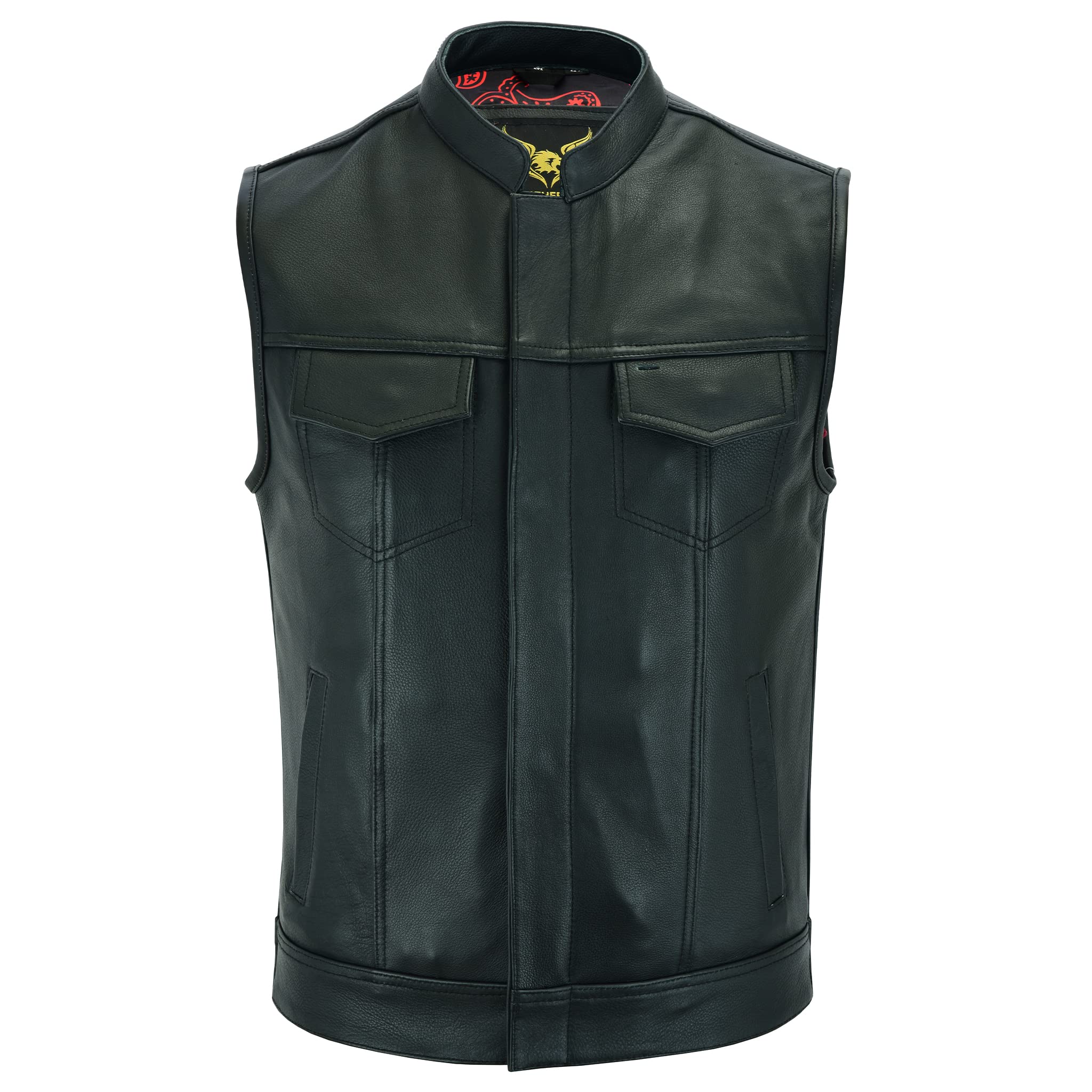 Leatherick Groove Club Gilet Pelle Uomo - Fodera In Raso Paisley Tradizionale Con Cuciture Nere