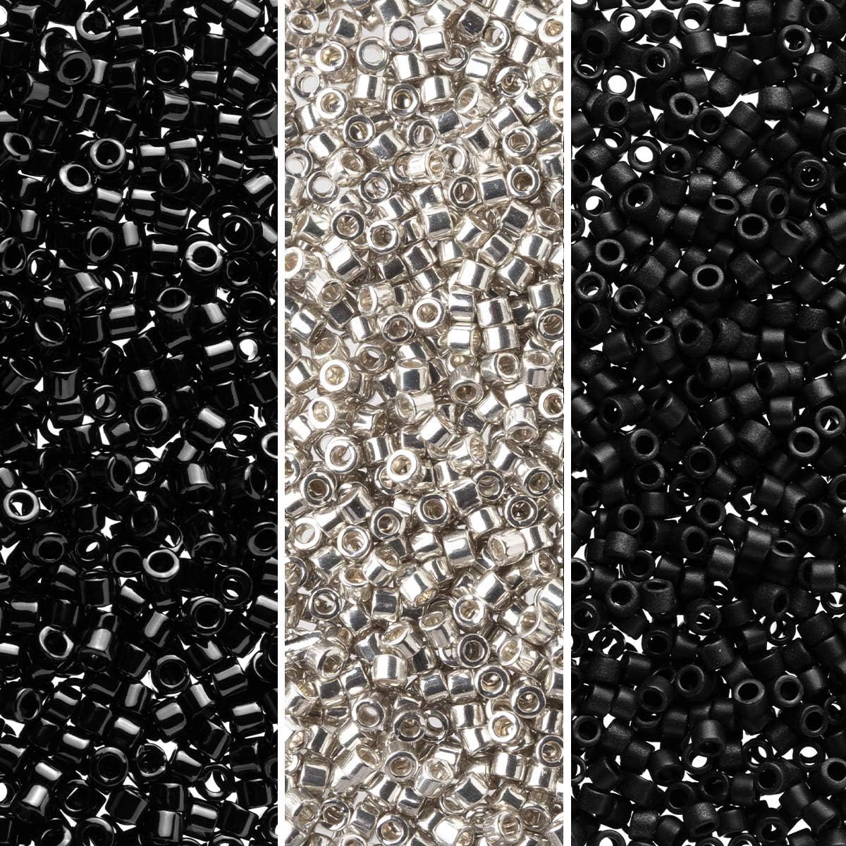 Miyuki Delica Seed Beads Bundle: Size 11/0, Black and Silver Opaque Palette Collection DB01, DB35, DB310 - 3 Tubes of 7.2 Grams ea