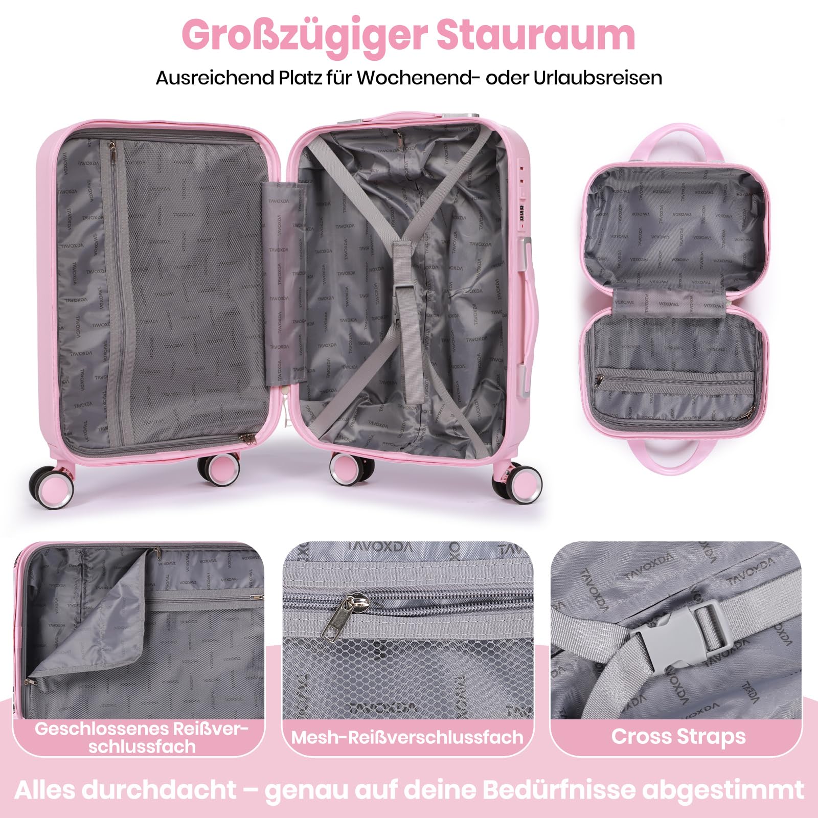 H.yeed 20 Zoll Handgepäckkoffer mit 12 Zoll Kosmetikkoffer, Leichtgewicht-Hartschale aus ABS, Trolley Reisekoffer mit 4 Doppelrollen, Rosa, 2-teilig