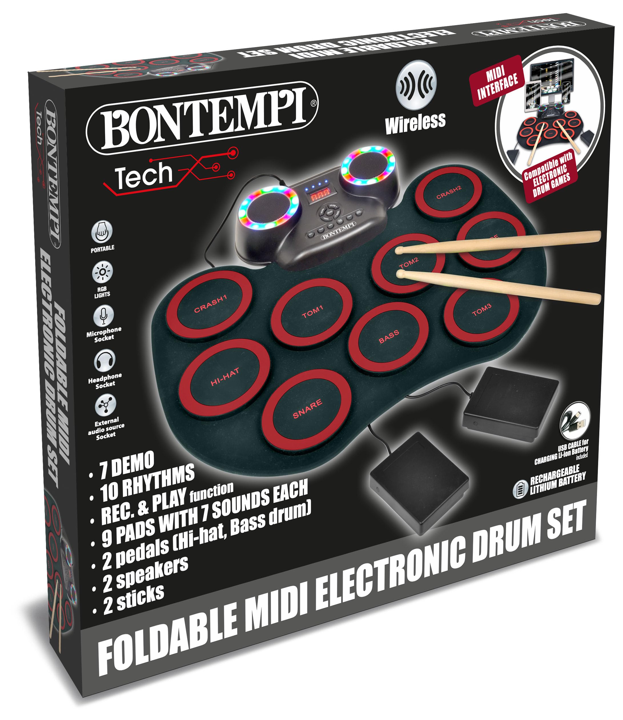 Bontempi | FlexBuddy – Batería Flexible electrónica de 9 Almohadillas con Ritmo y diversión asegurados, 43,2 x 17,1 x 6,5 cm