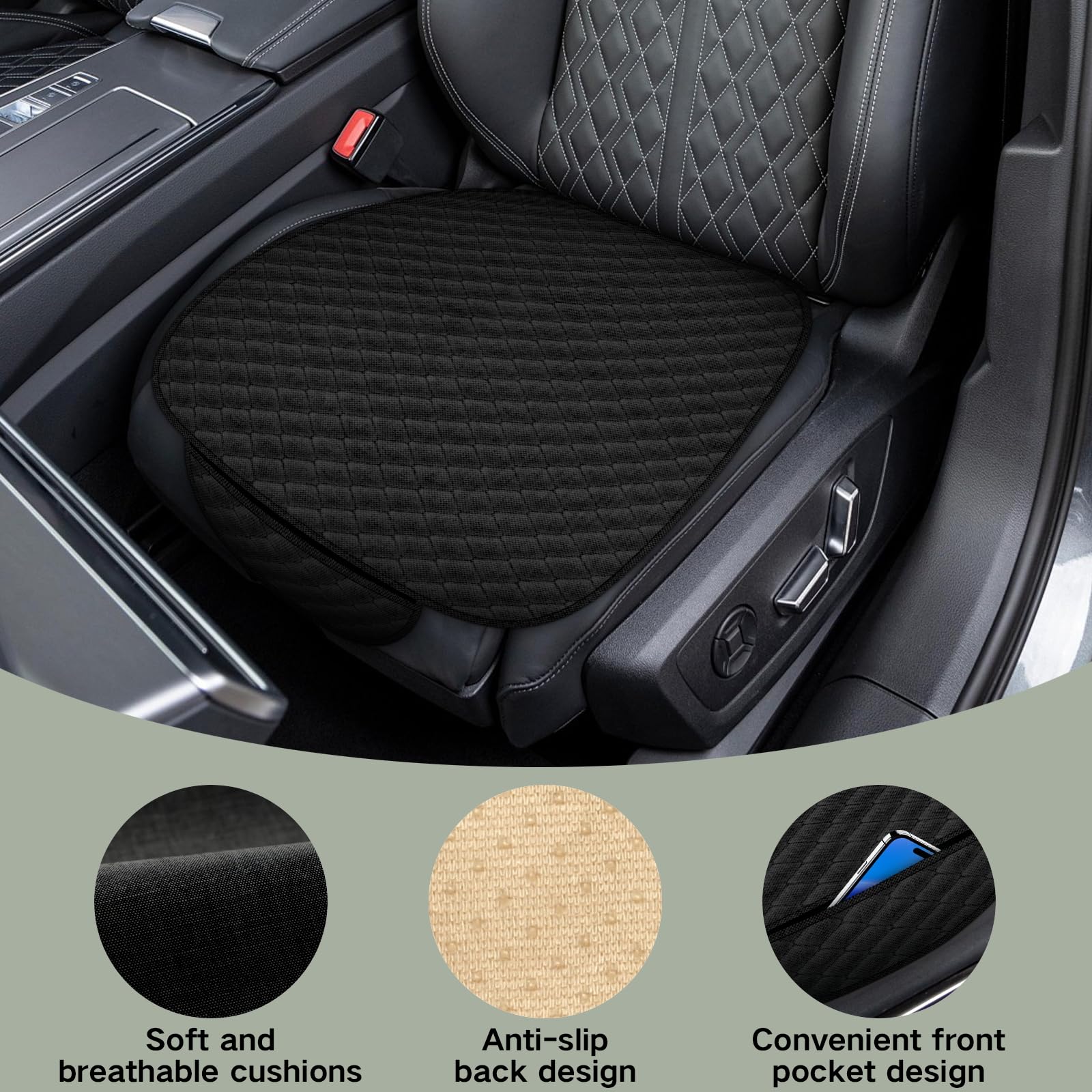 Lot de 2 coussins de siège de voiture antidérapants doux pour siège avant, respirants et confortables, housses de siège conducteur universelles pour SUV, berlines, camions (noir)