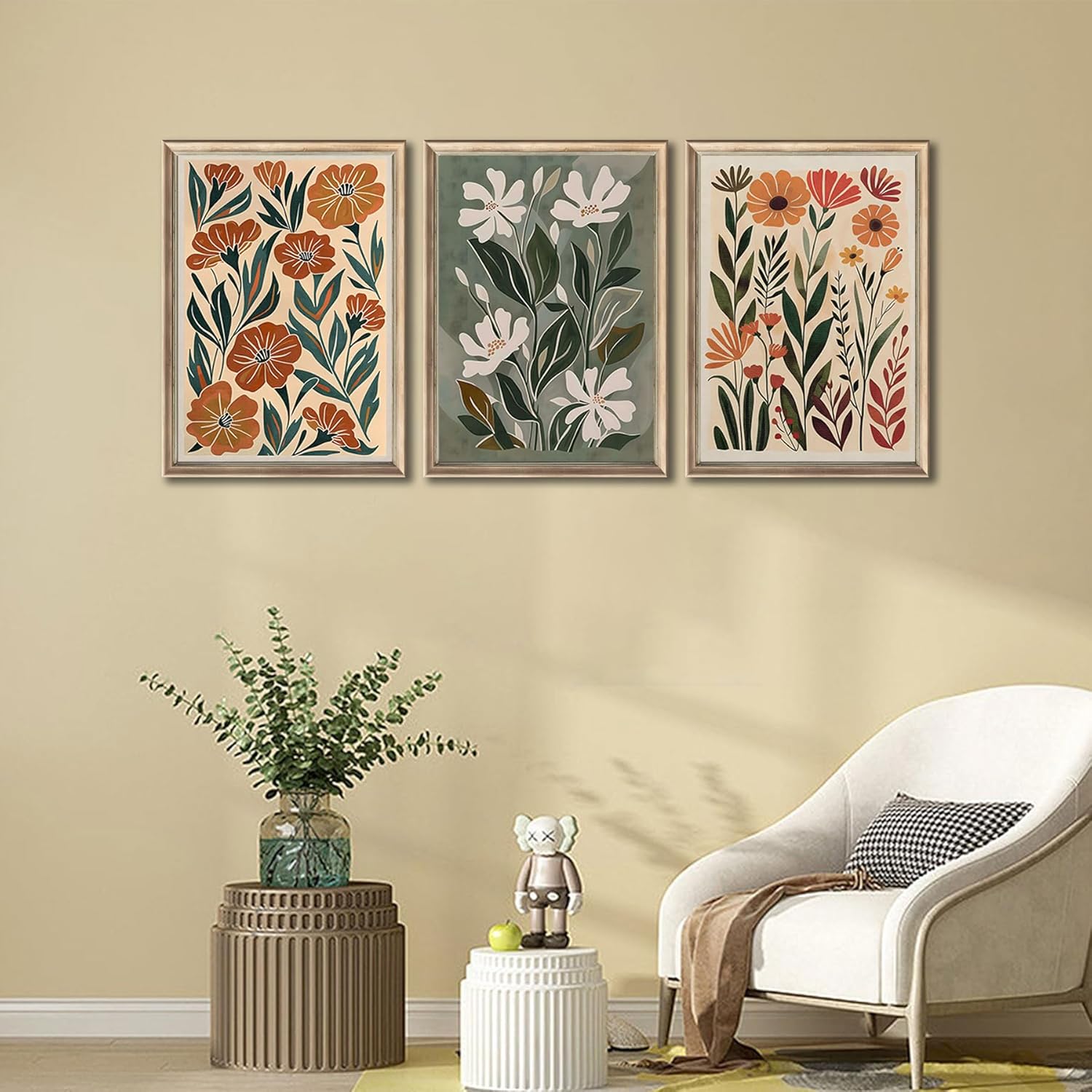 3pcs Abstract Boho Floral Canvas Wall Art Green Beige Flower Market Wall Decor Pictures Minimalist Colorful Botanica Posters Prints For Living Room Bedroom Office Home Decoration