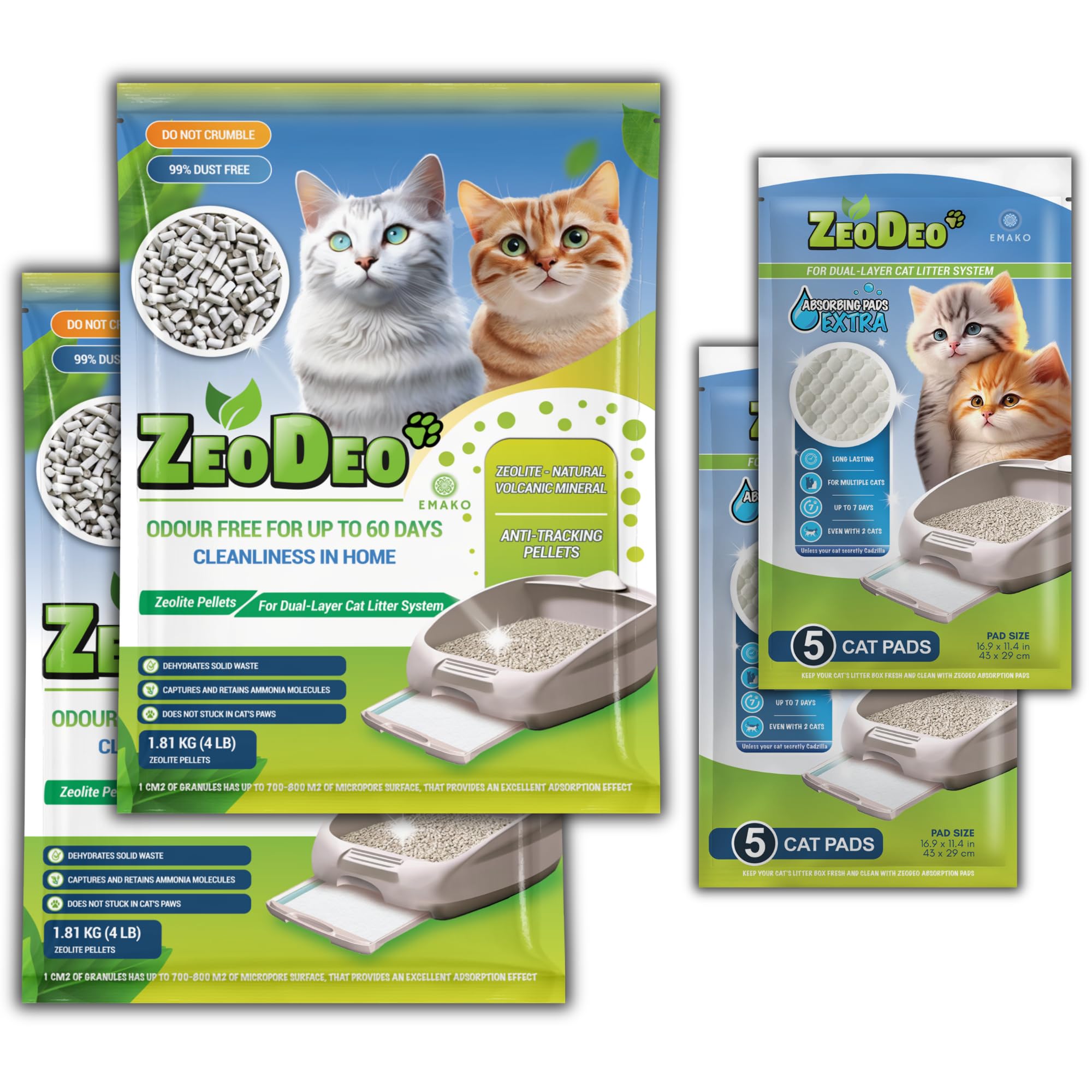 Zeolite Cat Litter Pellets set: โZeoDeoโ 3.6 kg (8Lb) + 10 EXTRA pads (for dual layer cat litter systems only!)