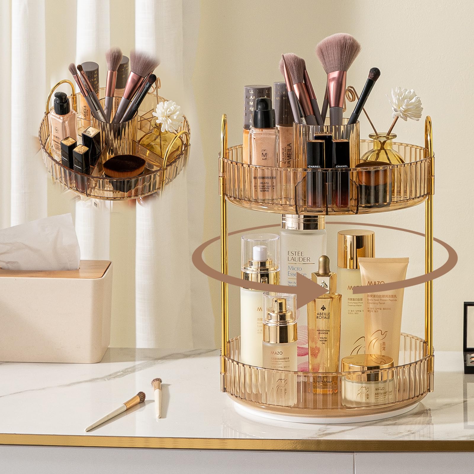 shuang qing Rotating Makeup Organizer for Vanity, High-Capacity Skincare Clear Make Up Storage Perfume Organizers Cosmetic Dresser Organizer Countertop 360 Spinning (Gold, New-2 Tier)