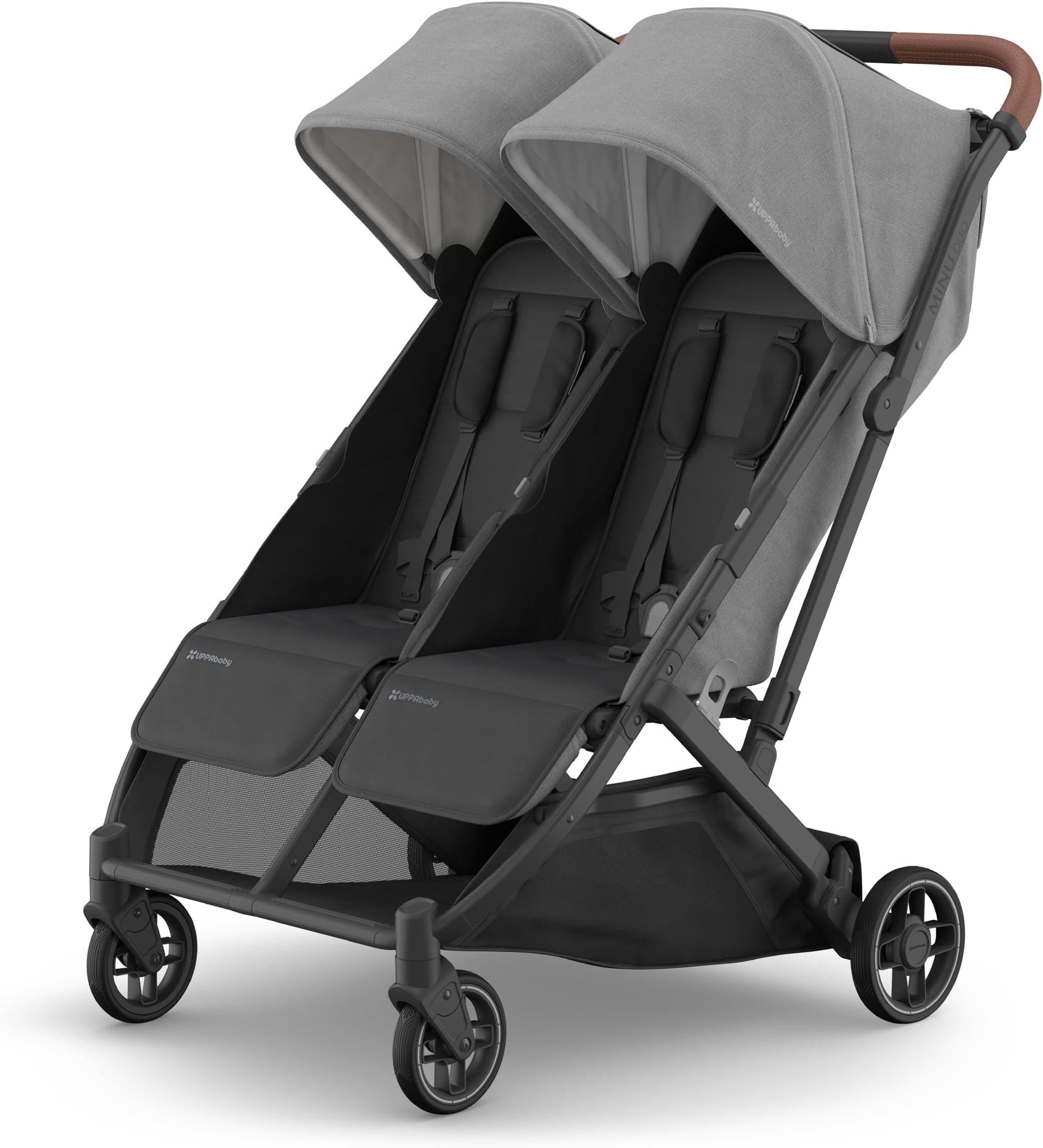 UPPAbaby Minu Duo Side-by-Side Double Stroller - Lightweight + Compact Design for Travel - Easy Fold- From Birth to Toddler - Independent Recline -Greyson(Charcoal Mélange/Carbon Frame/Saddle Leather)
