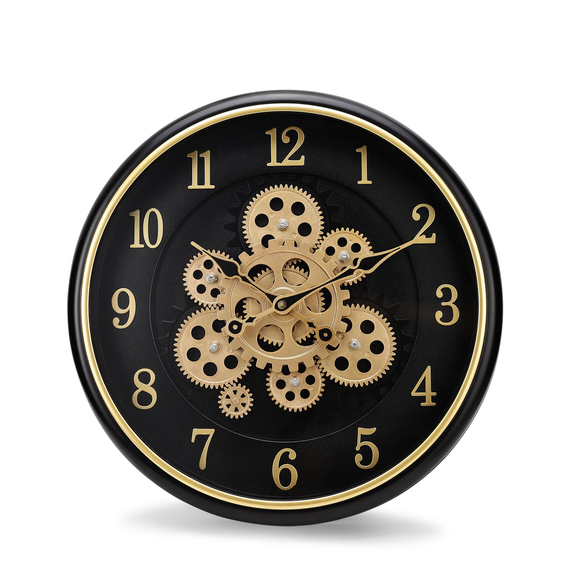 Moving Gear Wall Clock for Living Room Modern Plastic Wall Clocks Industrial Steampunk Moving Gear Analog Wall Clock for Home Decor Office (32.5cm Diameter Clock) (Black Golden)