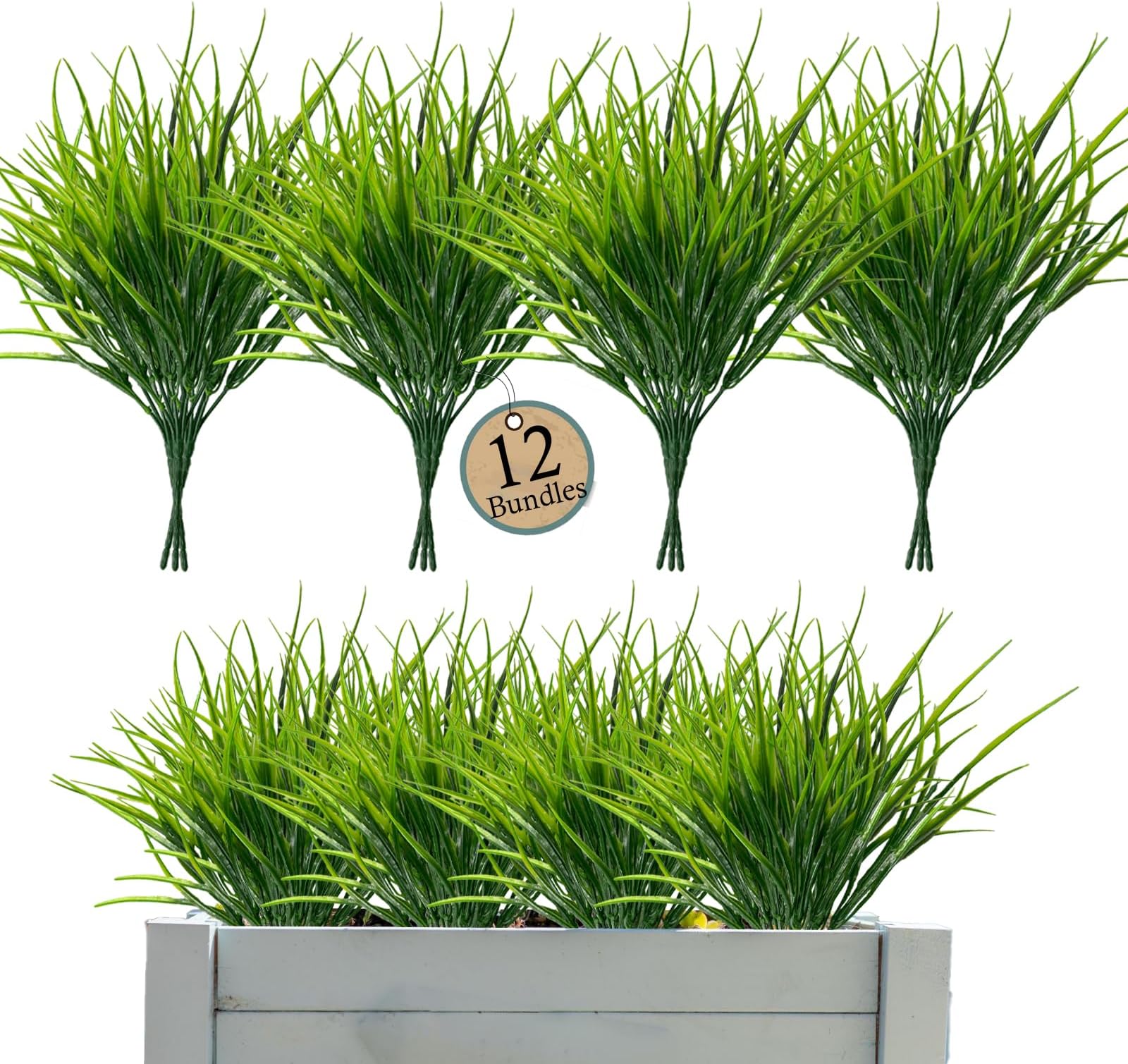 12 Bundles, Artificial Grasses Outdoor，Wheat Grass Fake Plants Outdoor, UV Resistant Fake Grass Artificial Greenery Stems Plastic Shrubs for Patio Garden Farmhouse Front Porch Home Window Box Decor