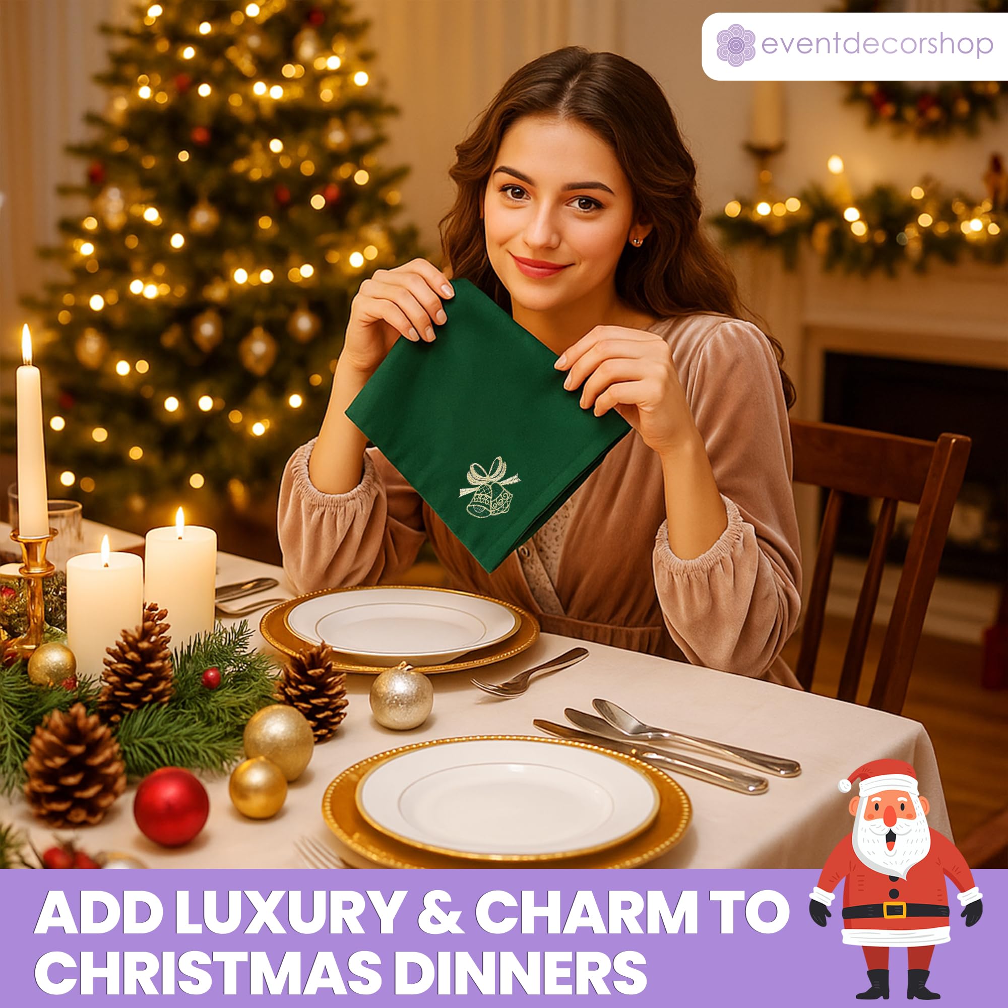 Lot de 20 serviettes de table de Noël réutilisables 100 % polyester filé avec broderie Jingle Clochette, résistante aux taches, lavable en machine (50,8 x 50,8 cm)