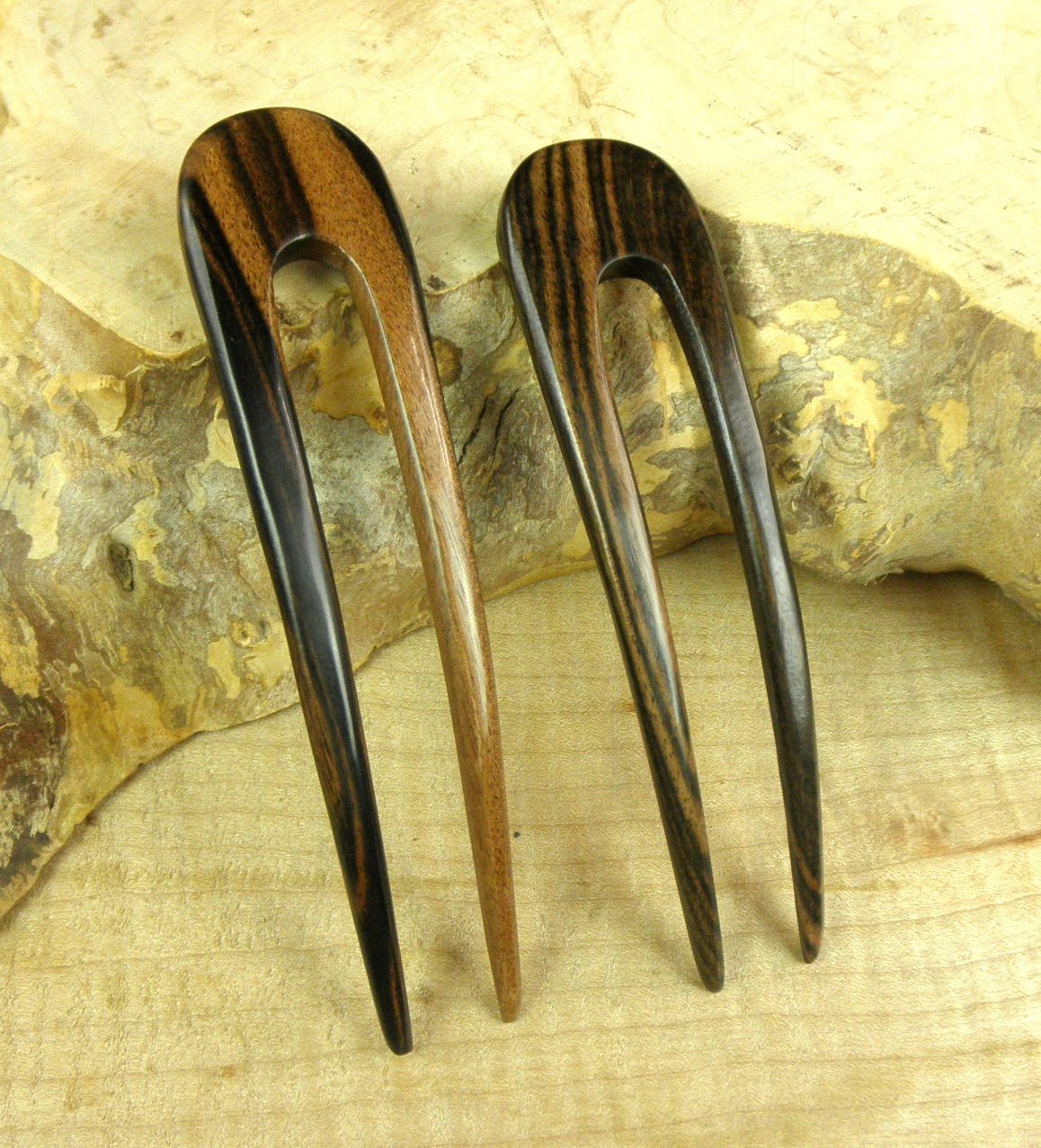 JWL (2) S.E. Asian Ebony Two Prong Curved 4.5 Inch Hair Forks Stick Pick Pic Pin Fork - Hawaiian Style