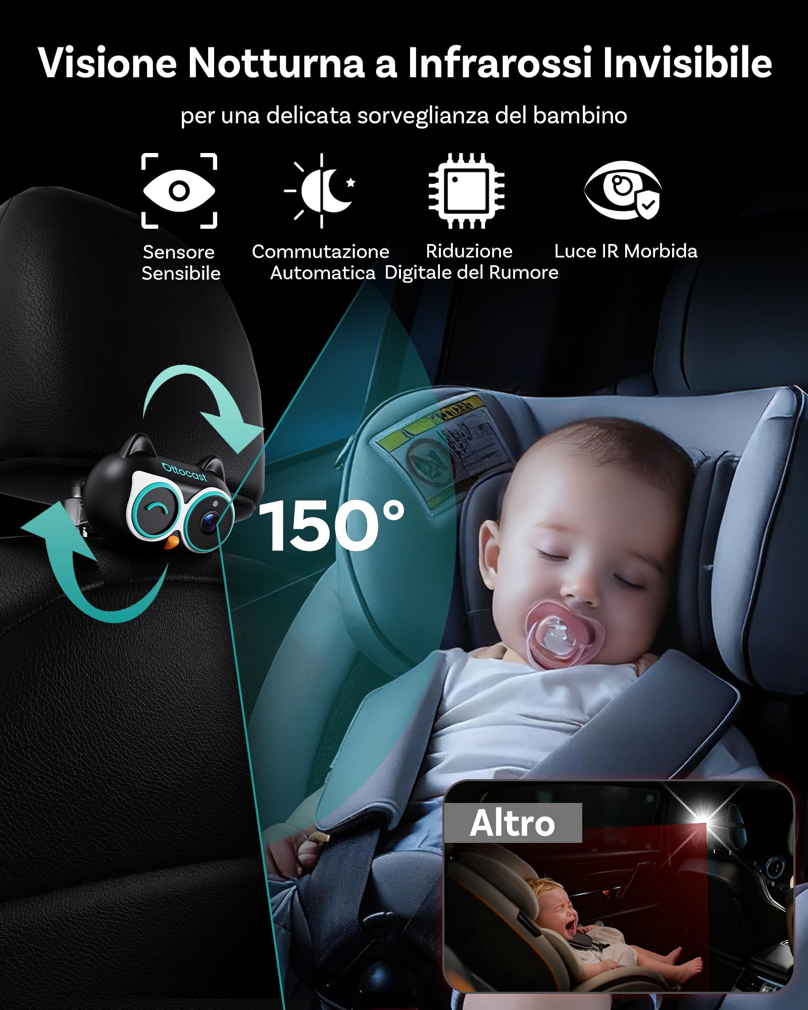 Ottocast Cabin Care CarPlay Adapter 2026, Ottocast Mini Telecamera Sedile Posteriore 1080P, USB-A Plug & Play, Solo per CarPlay cablato di fabbrica