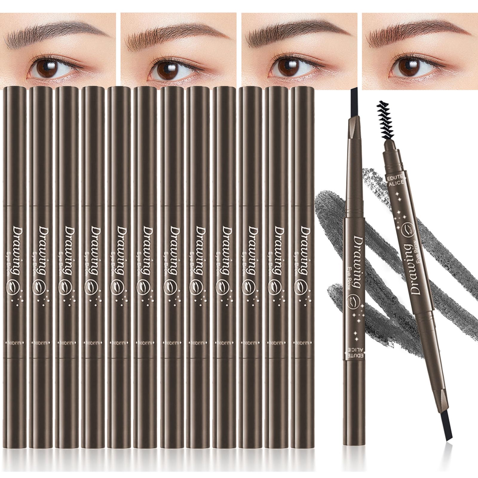 12 lápices de cejas 2 en 1 con punta y pincel con lápiz de cejas retráctil e impermeable para mujeres y principiantes (negro)