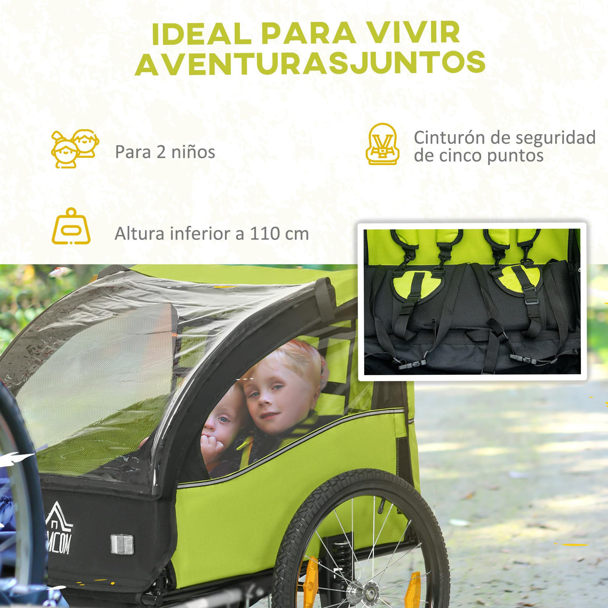 HOMCOM Rimorchio per bicicletta per bambini dai 18 mesi in su, 2 posti, con cintura di sicurezza, vano portaoggetti e sistema ammortizzatore, 140 x 88 x 90 cm, verde
