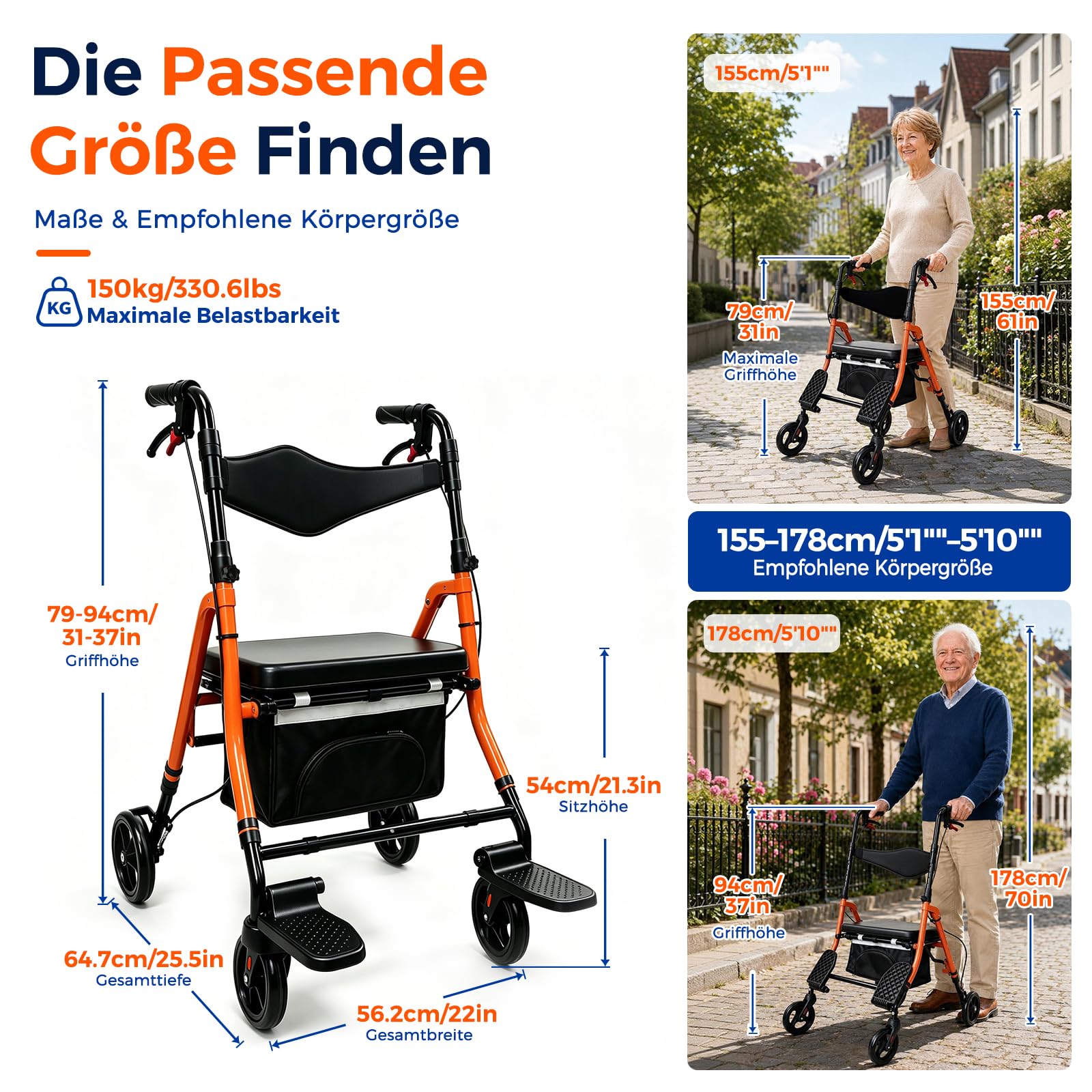 2 in 1 Rollstuhl Rollator Faltbar mit Sitz und Fußstützen, Schmal