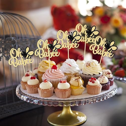 Miniatura 4 de Gyufise 24 piezas de decoración para cupcakes Oh Babee con purpurina de abejorros para cupcakes Oh Baby Cake Decoraciones para temática de abejas,