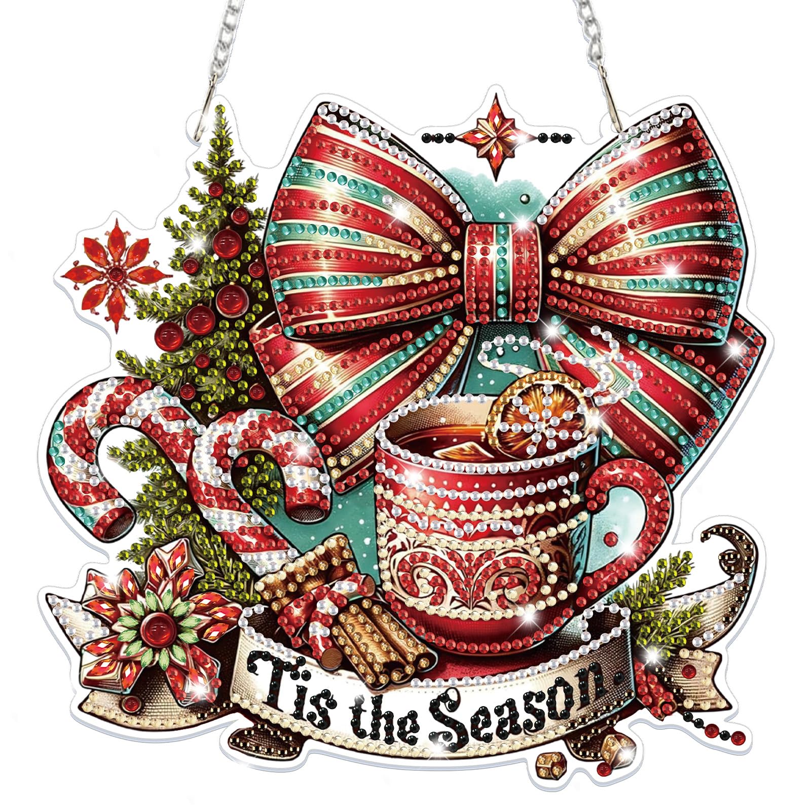Lxmsja Christmas Diamond Art Hanging Ornaments for Adults Kids, Diamond Painting Hot Tea Kits, Special Shaped Crystal Gem Art Pendent Kits Suncatchers for Windows Door Wall Decor Gifts