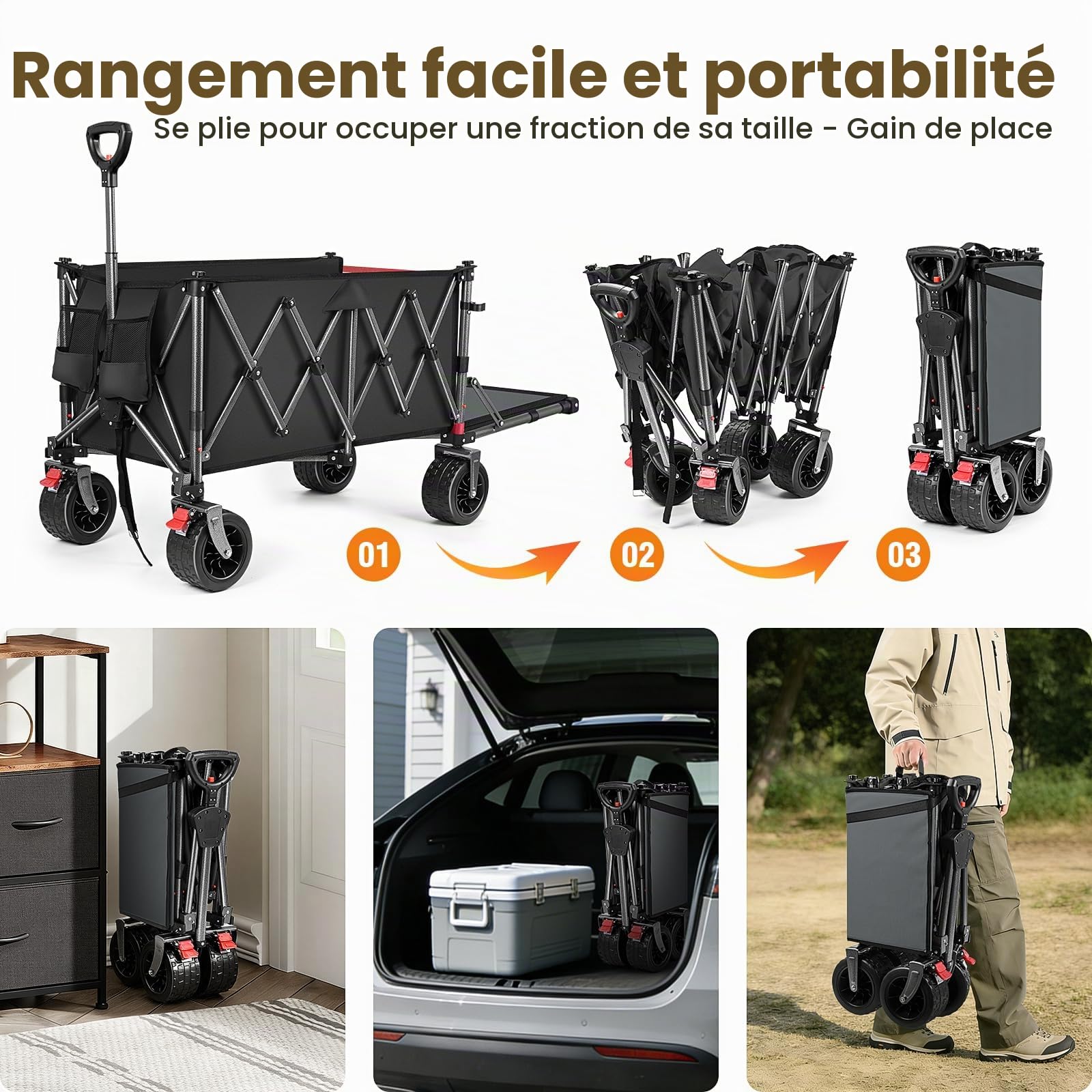 YEAUPE PRO Chariot Pliable 260L 250KG, Roues Larges Tout-Terrain 17cm, Noir
