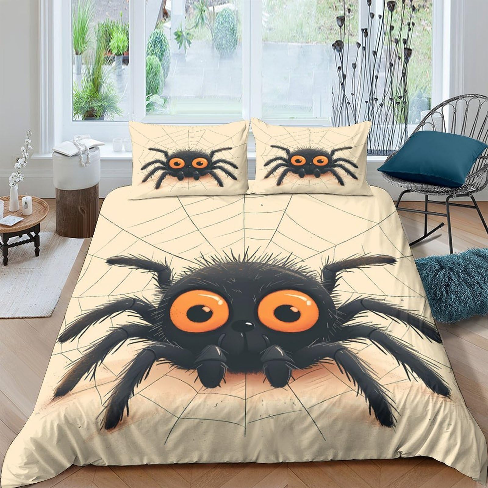 Ctjqhvkz Style-5 3D Printed Cartoon Spider Fitted Sheet Microfiber Soft Orange Eyes Web Mattress Cover For Bedroom Decor Protection Single（135X200cm）